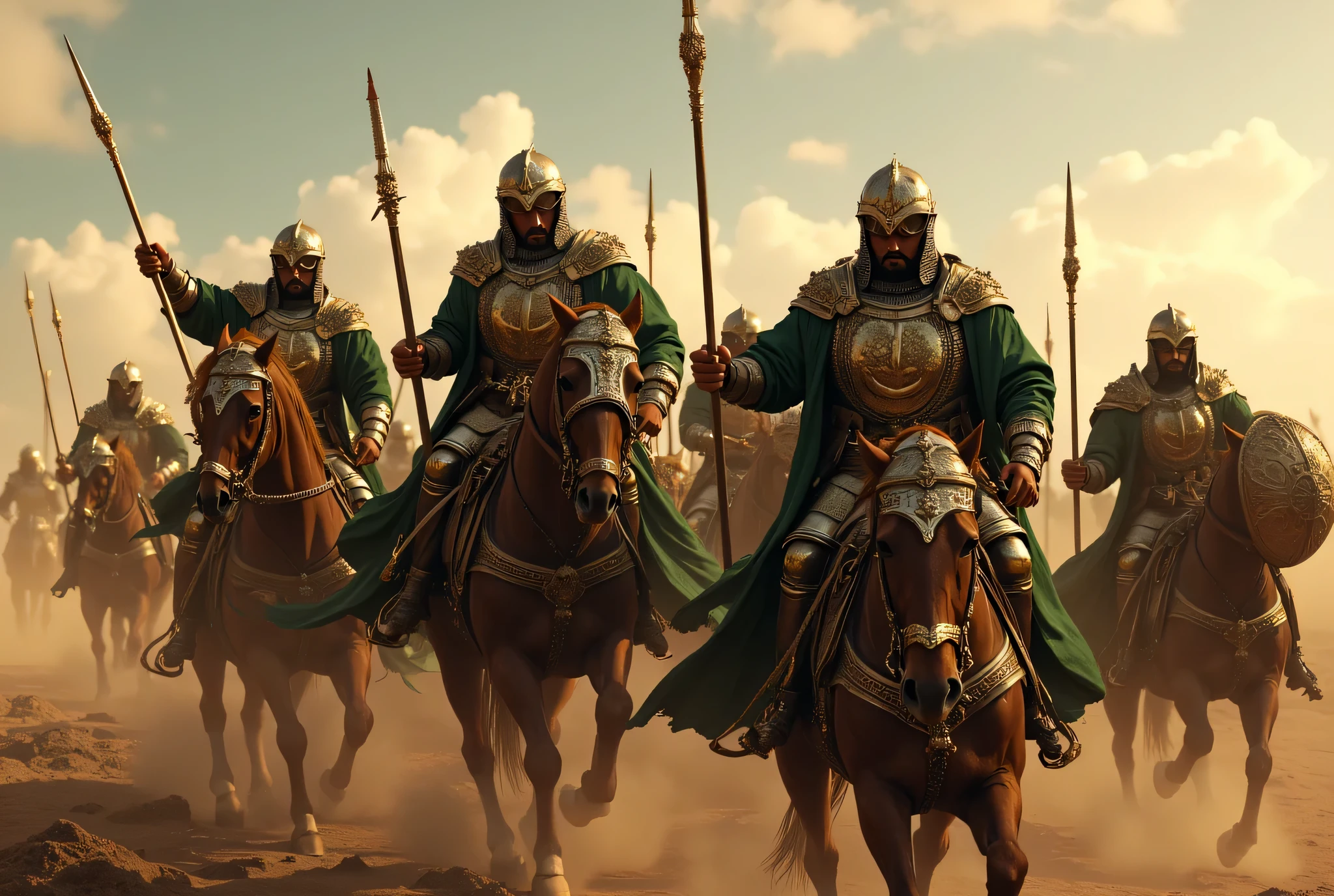 **Prompt:** Create an immersive hyper-realistic panoramic wide-angle image that draws viewers into the heart of medieval islamic arabic, emphasizing a carefully balanced composition. In the foreground, depict a courageous unit of arabic Mujahideen cavalry knights, each intricately designed and poised on their majestic horses, embodying the spirit of brotherhood. Clad in authentic, gleaming armor, these gallant knights wear chainmail and their signature green robes, adorned with striking crescent symbols that shimmer in the soft glow of dusk. As they charge forward, each knight wields a lance spear in one hand while holding a sphere shield in the other, demonstrating their readiness for the challenges ahead. Focus on the minute details of their armor and the flowing fabric of their robes, while capturing the advanced UHD ambiance that brings the scene's light and shadow to life. The image should convey a palpable sense of urgency and anticipation, accentuating the powerful movement of the cavalry. Pay particular attention to the fine details of their hands, ensuring the realism of their grip on their weapons is striking. Aim to achieve a standard reminiscent of award-winning documentary photography, similar to the works featured in National Geographic, ArtStation, and DeviantArt. This artwork should resonate with historical accuracy, celebrating the enduring essence of the medieval era without any elements of violence or negativity. ALLAHUAKBAR!