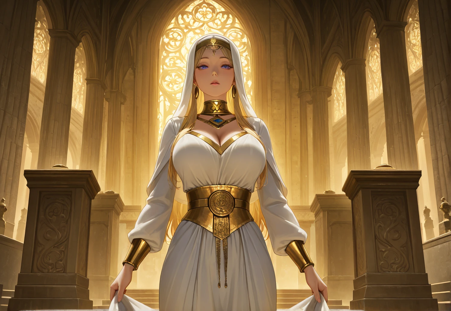 A divine woman, radiant in her salvation, effulgent tresses cascading golden waves, piercing azure eyes, a round yet regal face, alabaster skin, full-bodied figure accentuating her hourglass form, curvaceous hips, and ample C-cup breasts that seem to embrace the heavens. Her aura is transcendent, radiating clarity and power, with a resplendent halo framing her ethereal countenance.

She stands solemnly in a dimly lit chamber, the room bathed in an ethereal glow, as if bestowed by the divine. The Dutch angle accentuates the otherworldly atmosphere