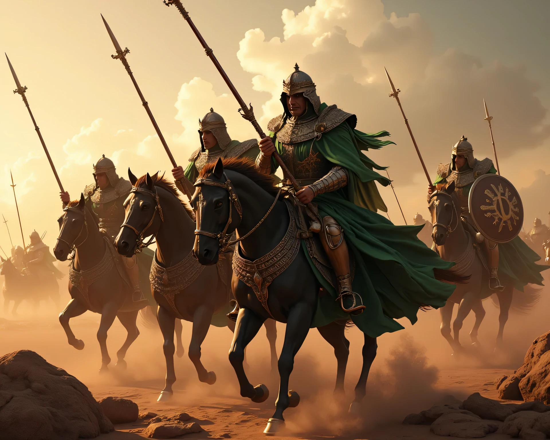 **Prompt:** Create an immersive hyper-realistic panoramic wide-angle image that draws viewers into the heart of medieval islamic arabic, emphasizing a carefully balanced composition. In the foreground, depict a courageous unit of arabic Mujahideen cavalry knights, each intricately designed and poised on their majestic horses, embodying the spirit of brotherhood. Clad in authentic, gleaming armor, these gallant knights wear chainmail and their signature green robes, adorned with striking crescent symbols that shimmer in the soft glow of dusk. As they charge forward, each knight wields a lance spear in one hand while holding a sphere shield in the other, demonstrating their readiness for the challenges ahead. Focus on the minute details of their armor and the flowing fabric of their robes, while capturing the advanced UHD ambiance that brings the scene's light and shadow to life. The image should convey a palpable sense of urgency and anticipation, accentuating the powerful movement of the cavalry. Pay particular attention to the fine details of their hands, ensuring the realism of their grip on their weapons is striking. Aim to achieve a standard reminiscent of award-winning documentary photography, similar to the works featured in National Geographic, ArtStation, and DeviantArt. This artwork should resonate with historical accuracy, celebrating the enduring essence of the medieval era without any elements of violence or negativity. ALLAHUAKBAR!
