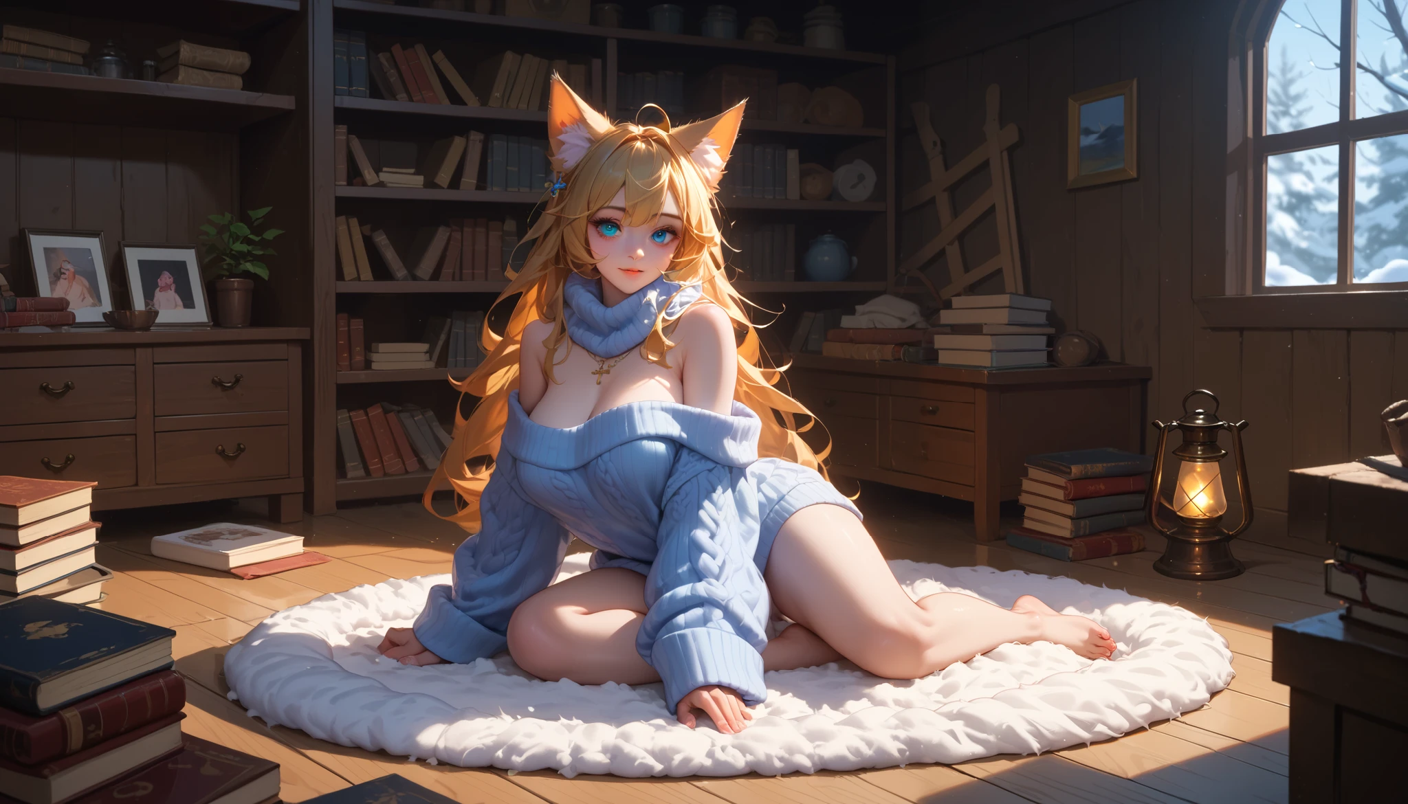 "A girl with a nice body and nice breasts sits cross-legged on a thick rug in an attic room, her perfect face glowing under the cinematic light of a nearby lantern. She wears a fluffy scarf and oversized sweater, her perfect eyes immersed in a book. A small circular window offers a view of snowy treetops."