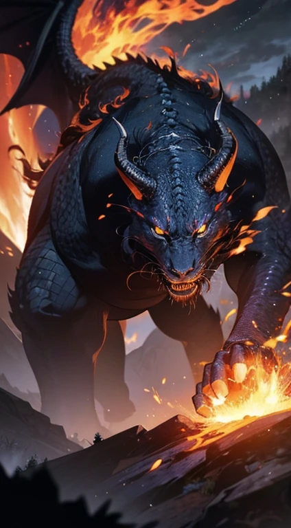 Dragon god, dragon of life, big horns, giant horns, beast, glowing eyes ,Black and silver color,a head ,Golden shine eyes,Big and long body ,4 Paws, long tail, several horns