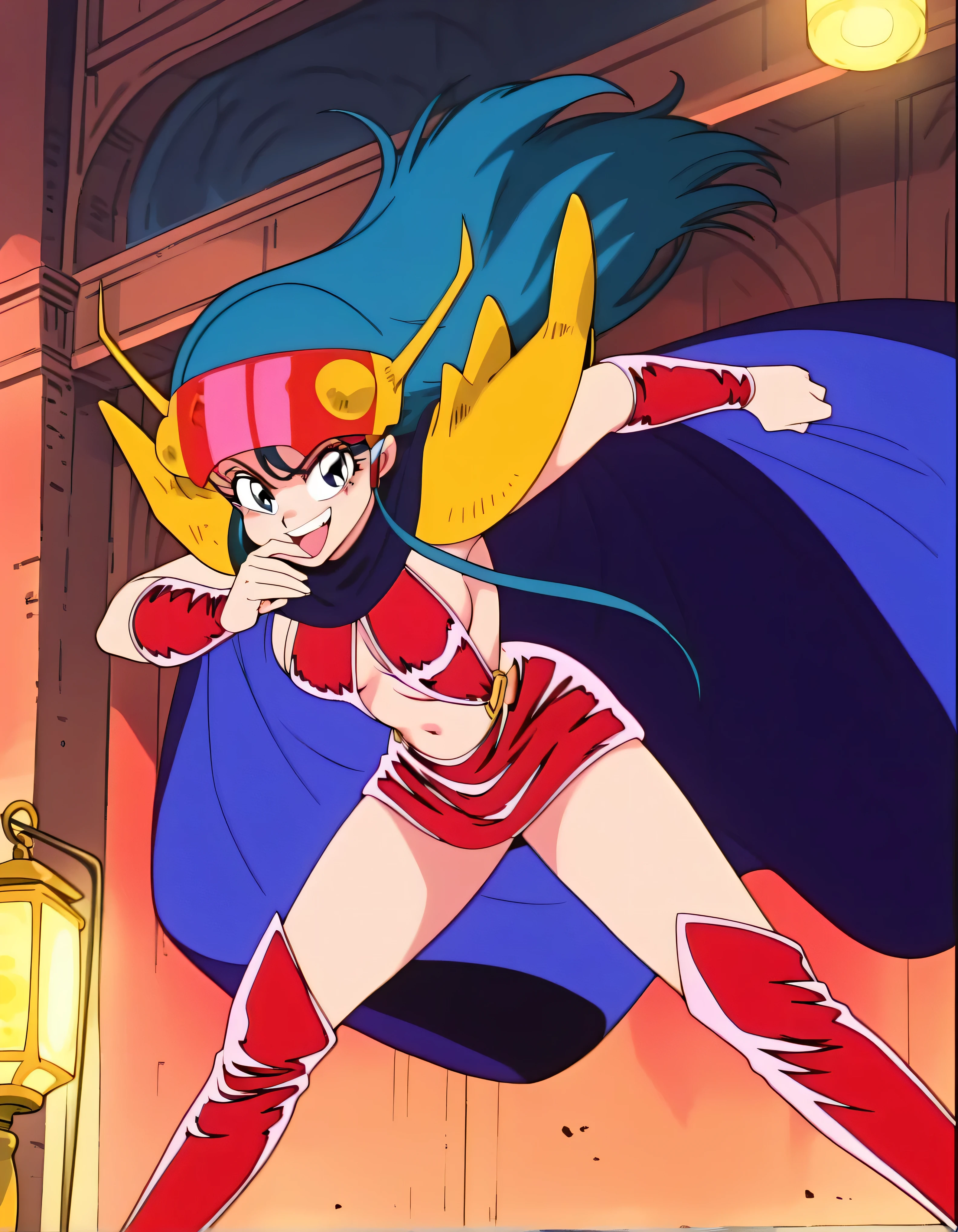 masterpiece, Highest quality, very aesthetic, Absard Dress, 1 girl, Alone,Lady pose,,Stand in front,low angle,
Kuki_king, Onyomiko , Lantern, long hair, blue eyes, chest,
head-mounted display, hair ornaments close to the garden, yellow shoulder pad, Blue Cloak, red bikini armor, sideboob, Red Armrest , midriff, belly button, throw,looking towards the viewer,open your mouth, takes her hand to her mouth,A very evil smile,Beautiful Hands and Feet,thighhigh boots,low angle