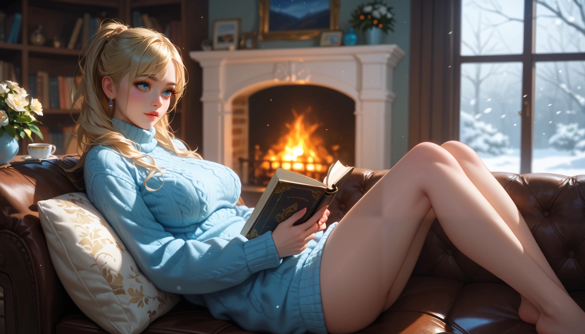 "A girl with a nice body and nice breasts lounges on a plush sofa, her perfect face relaxed as she reads a book. She’s dressed in a cozy sweater dress, and her perfect eyes occasionally glance at the glowing fireplace. A large window reveals falling snow, creating a cinematic balance of warmth and cold."