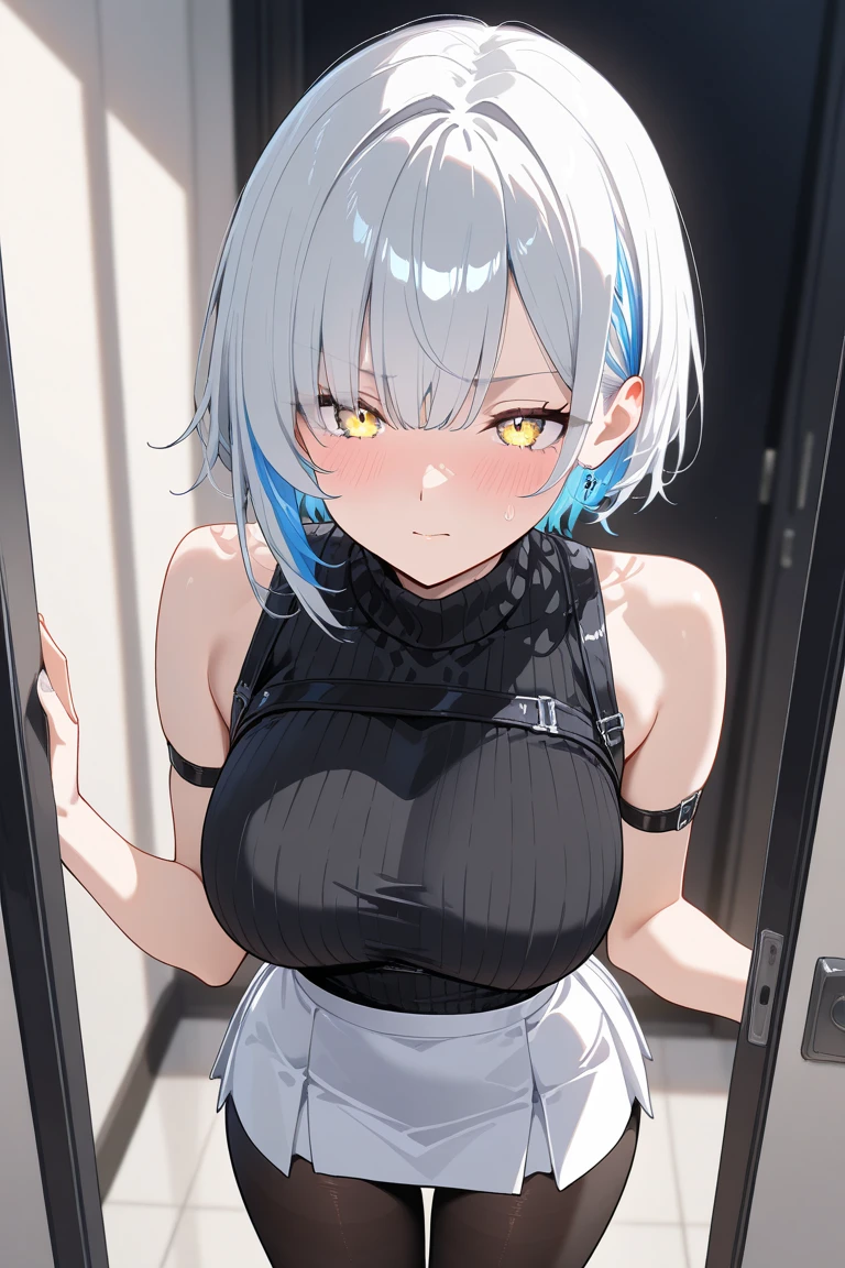 One Girl,alone,retina,masterpiece, Awards, high quality, High resolution, High resolution, 4K,8k,high quality, Gal,,(Super big breasts:1.9),A faint smile,Oily skin,Underside of the chest,(色黒Gal:1.9),(short hair:1.5),White clothes,Baby Face,(Low length,small:1.4),(Half-open eyes:1.7),(grinning eyes:1.6),(Half-open eyes:1.5),(Semen Bridge:1.7),Strading,(2hands breasts grab:1.6),(Dark Alley:1.9),(Blue Bra:1.7),(cop uniform:1.8),(POV breasts grab:1.8),(plump:1.6),(pov 2hands breasts grab:1.9),(hyper huge breasts:1.9),