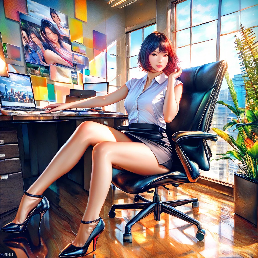 merula, sitting on a chair, gaming chair, sexy pose, sitting pose, pink high heels, sexy black bra, sexy pink panties
