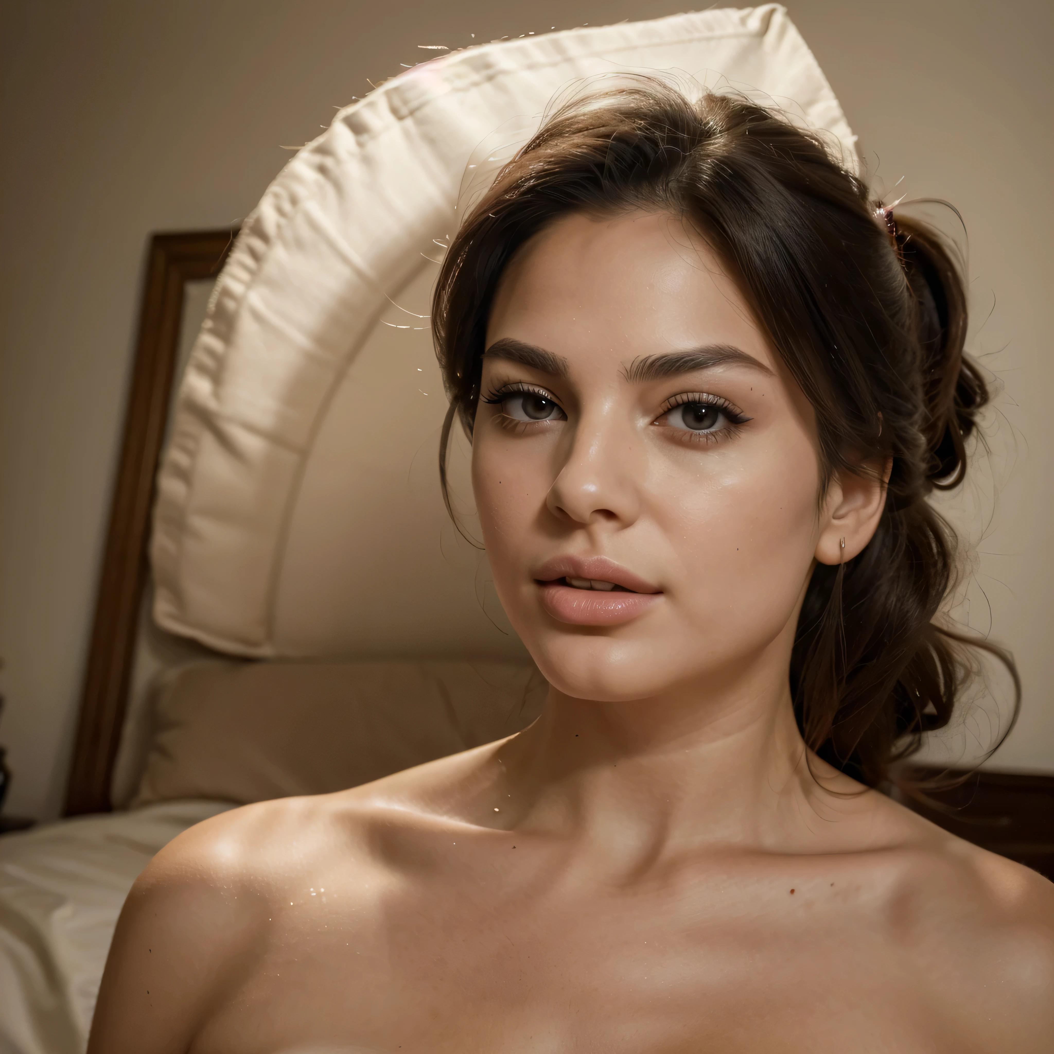 23 year old woman long dark hair, ojos claros miel brillantes con mirada ignotica definidas sensual, rostro hermoso, labios sensuales, manos y pies reales huperrelistas no deformes, cuerpo hermoso y definido, vestida con un hermoso traje glamoroso al estilo old Hollywood pin-up, muchas joyas, defined makeup consistent with the 50s, beautiful provocative coquettish minx. In a beautiful and glamorous hotel from the 1950s