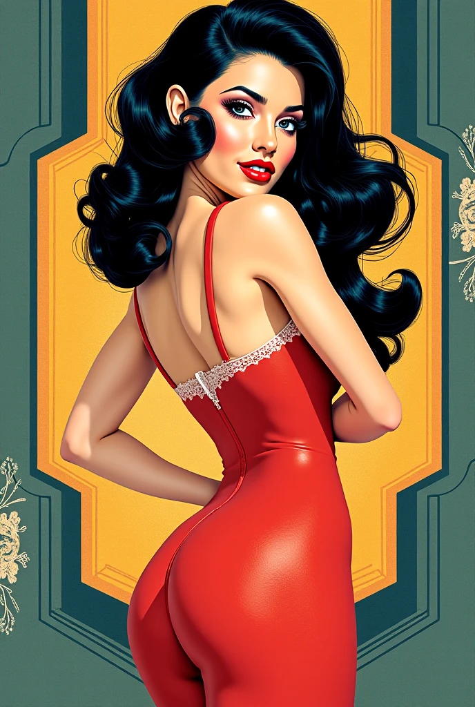 arafed woman in a red dress sitting on a flowered wall, pinup art, beautiful retro art, pin-up poster girl, pin up girl, pin up, pinup girl, pinup, pinup pose, pin-up, pin - up, vintage pin up, pin - up girl, girl pinup, pin up style poster, pinup style, pinup model, curvy, massive breasts, huge breasts, plump, giant breasts