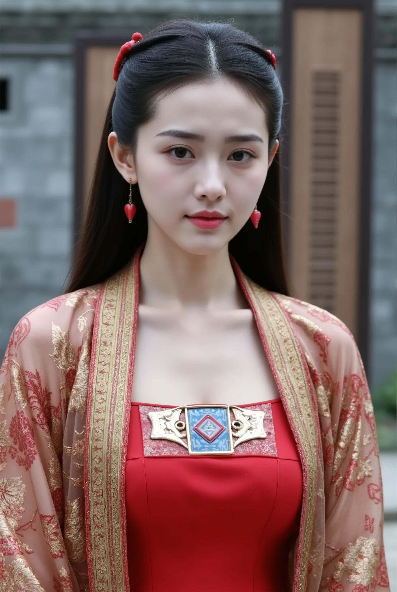 This is a photograph of a young East Asian woman with a fair complexion and delicate features. She has long, straight black hair that is parted in the middle and styled with a red hairpin on the left side. Her expression is calm and slightly inquisitive, with her lips slightly parted and her eyes looking directly at the camera.
She is wearing a traditional Chinese garment known as a qipao. The qipao is a red dress with a blue and white square pattern on the chest area. Over the dress, she has an open robe with an intricate golden and red pattern, which is slightly transparent, revealing the red dress underneath. She also wears small, red heart-shaped earrings that dangle from her ears.
The background is a blurred, historical setting, possibly a traditional Chinese courtyard. The walls are made of grey stone with wooden shutters and doors, and there are hints of greenery and other traditional elements, suggesting an old, well-preserved area. The overall ambiance of the photograph is serene and culturally rich, with a focus on the woman's traditional attire and the historical context of the setting.