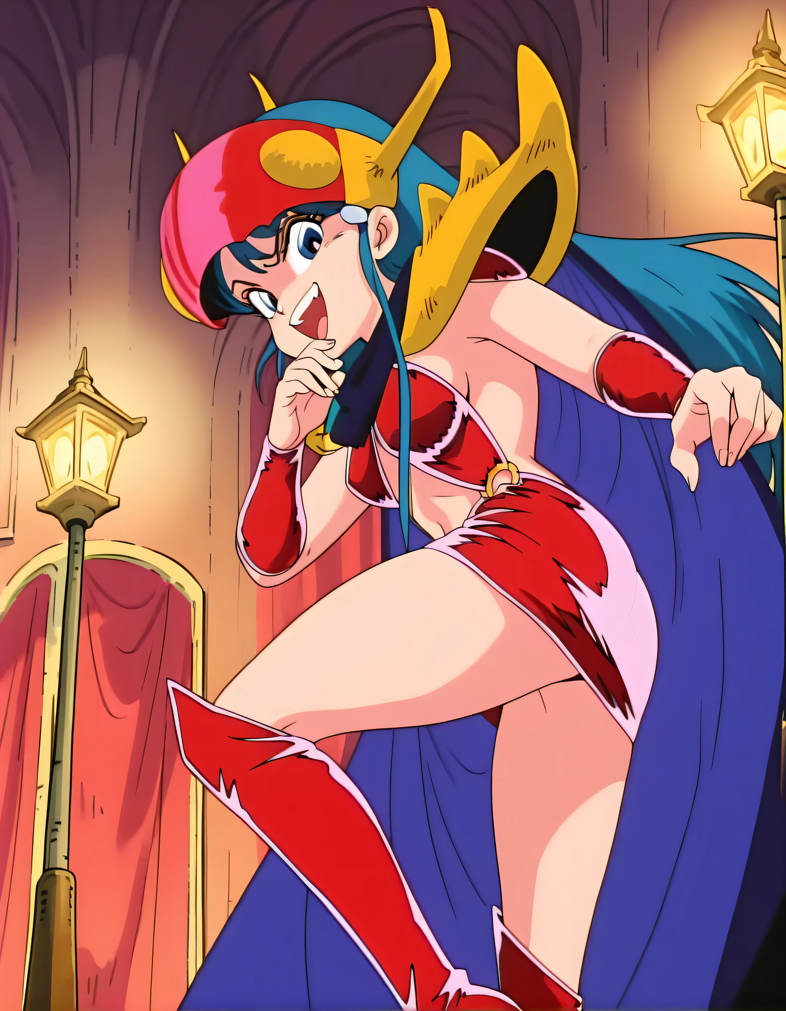 masterpiece, Highest quality, very aesthetic, Absard Dress, 1 girl, Alone,Lady pose,,
Kuki_king, Onyomiko , Lantern, long hair, blue eyes, chest,
head-mounted display, hair ornaments close to the garden, yellow shoulder pad, Blue Cloak, red bikini armor, sideboob, Red Armrest , midriff, belly button, throw,looking towards the viewer,open your mouth, takes her hand to her mouth,A very evil smile,Beautiful Hands and Feet,thighhigh boots,low angle