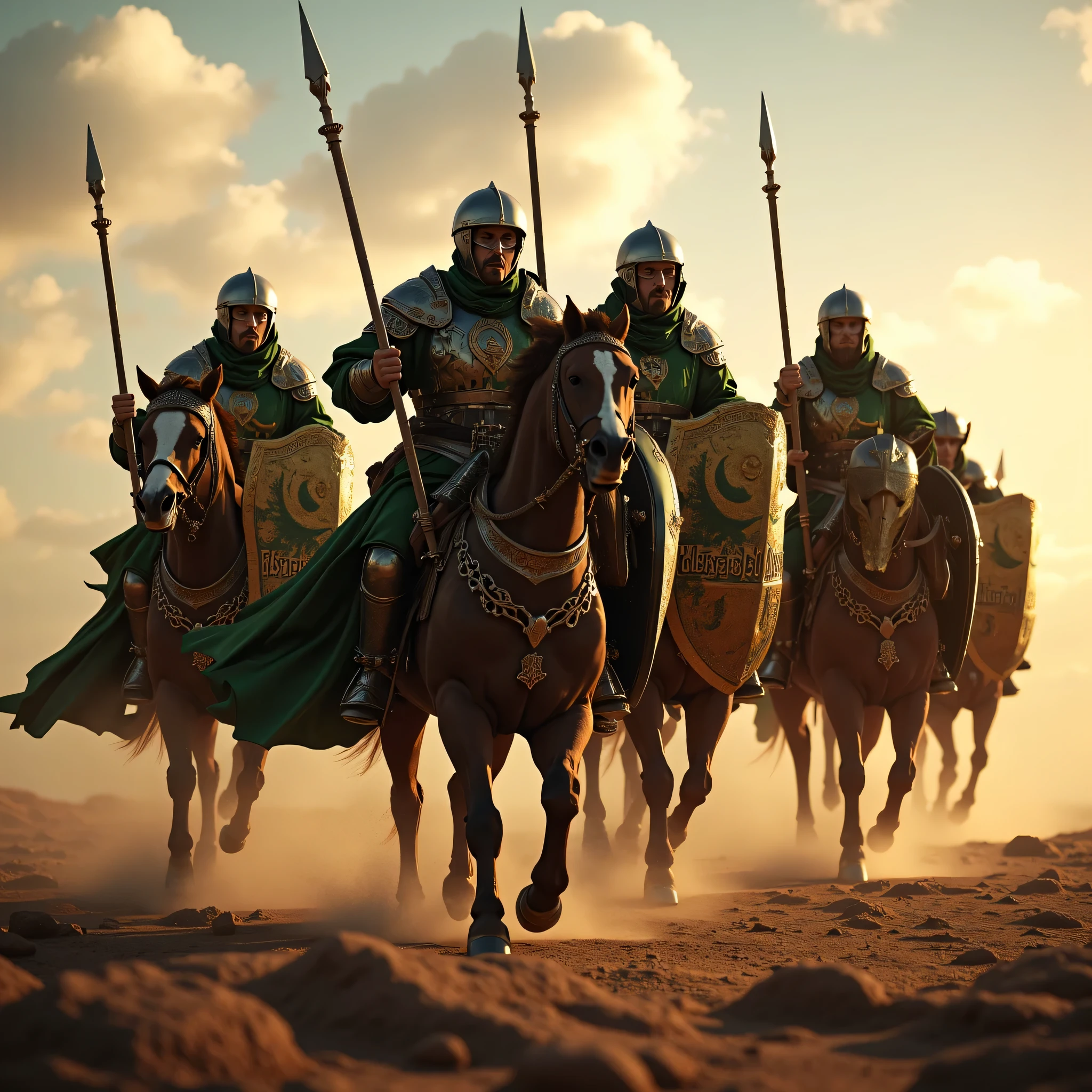 **Prompt:** Create an immersive hyper-realistic panoramic wide-angle image that draws viewers into the heart of medieval islamic arabic, emphasizing a carefully balanced composition. In the foreground, depict a courageous unit of arabic Mujahideen cavalry knights, each intricately designed and poised on their majestic horses, embodying the spirit of brotherhood. Clad in authentic, gleaming armor, these gallant knights wear chainmail and their signature green robes, adorned with striking  crescent symbols that shimmer in the soft glow of dusk. As they charge forward, each knight wields a lance spear in one hand while holding a sphere shield in the other, demonstrating their readiness for the challenges ahead. Focus on the minute details of their armor and the flowing fabric of their robes, while capturing the advanced UHD ambiance that brings the scene's light and shadow to life. The image should convey a palpable sense of urgency and anticipation, accentuating the powerful movement of the cavalry. Pay particular attention to the fine details of their hands, ensuring the realism of their grip on their weapons is striking. Aim to achieve a standard reminiscent of award-winning documentary photography, similar to the works featured in National Geographic, ArtStation, and DeviantArt. This artwork should resonate with historical accuracy, celebrating the enduring essence of the medieval era without any elements of violence or negativity. ALLAHUAKBAR!