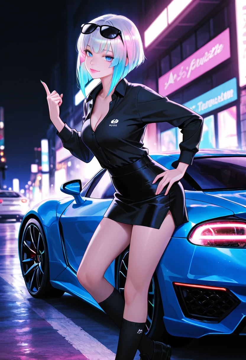 a woman wearing a silver sex dress, blue hair, ponytail hair, purple eyes, smiling, big breasts, near a well-detailed black car, on a track in a large city at night, perfect lighting,HDR, ultra resolution , very detailed, masterpiece, ultra quality, 4K HD.