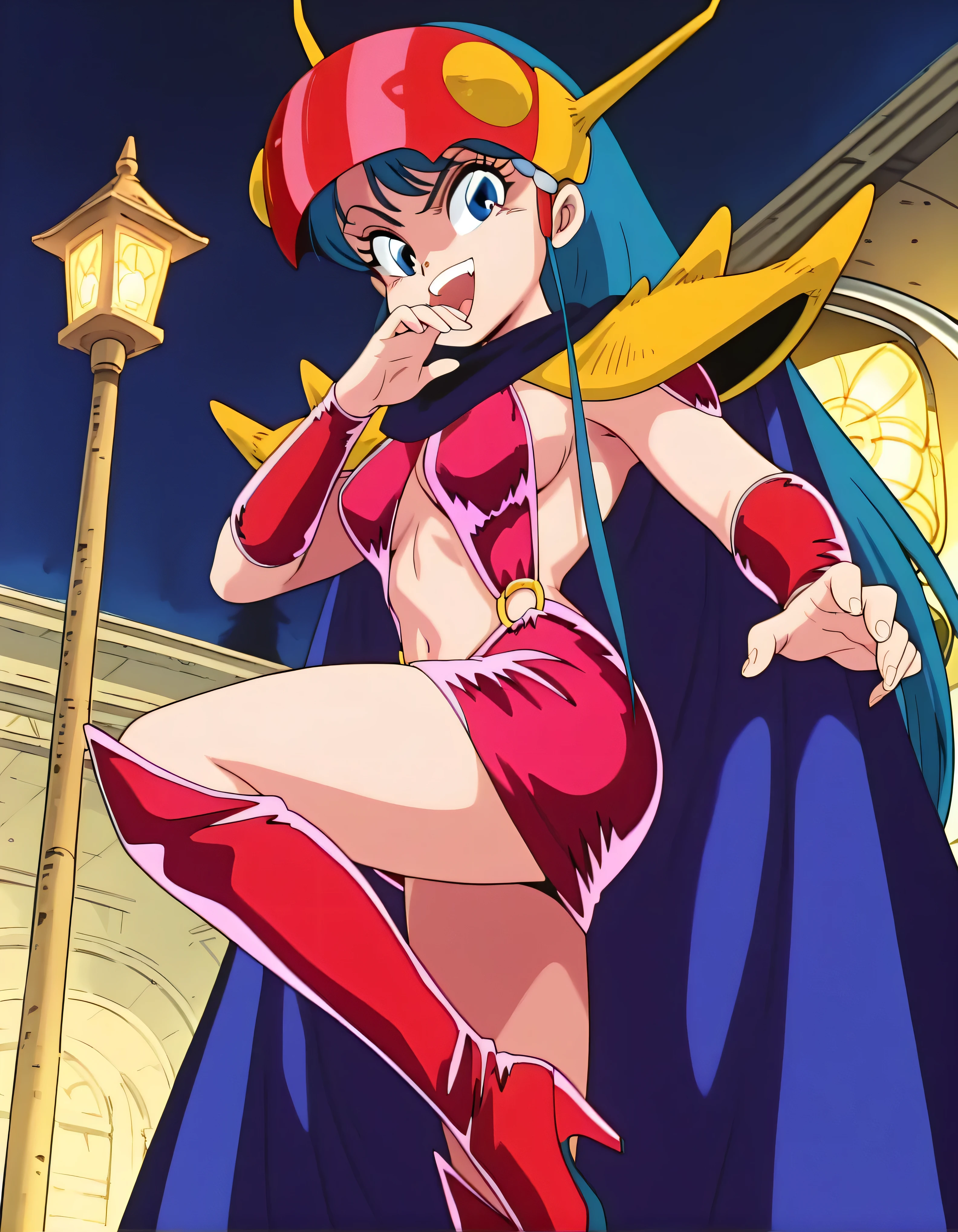 masterpiece, Highest quality, very aesthetic, Absard Dress, 1 girl, Alone,Lady pose,,
Kuki_king, Onyomiko , Lantern, long hair, blue eyes, chest,
head-mounted display, hair ornaments close to the garden, yellow shoulder pad, Blue Cloak, red bikini armor, sideboob, Red Armrest , midriff, belly button, throw,looking towards the viewer,open your mouth, takes her hand to her mouth,A very evil smile,Beautiful Hands and Feet,thighhigh boots,low angle