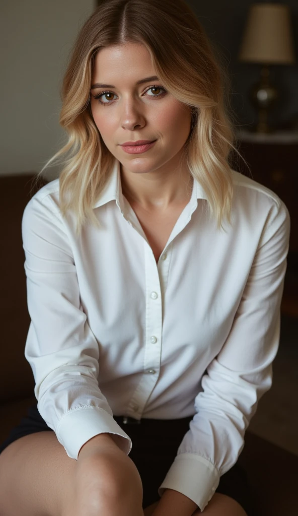 A girl with long blonde hair is sitting on the edge of a bed her right leg is resting on a window ledge and her left leg is on the floor.