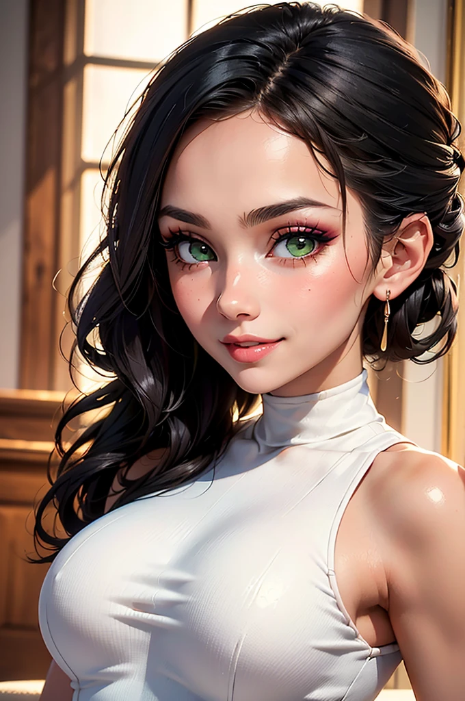 ((Brunette))), ((green eyes)), blue necklace, green earrings, Fit, Gorgeous Body, gorgeous, brown eyebrows, (two moles over lip), big pupils, (18 years old), complex skin, warm light, 5 fingers, ((detailed face, best quality)), ((masterpiece)), ((ultra-detailed)), (beautiful detailed eyes), pink lip, eyeshadow, beautiful face, long hair, very detailed eyes, intricate details in eyes, perfect lips, good lighting, ((hot latex)), long hair, detailed face, mean smirk, evil face, ((in a pink bedroom)), ((masterpiece: 1.4, full body)),