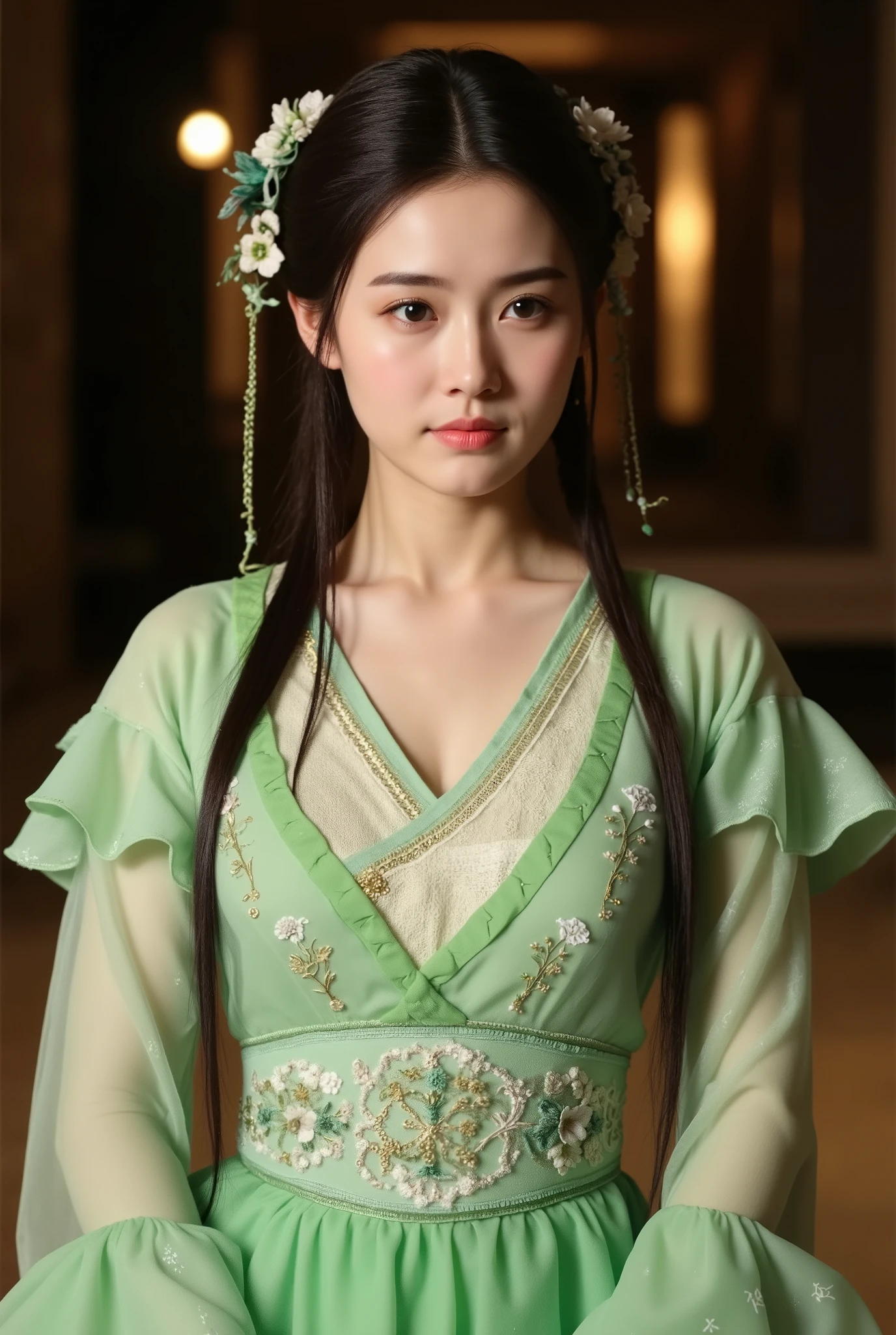 The image is a high-resolution photograph featuring a young East Asian woman in a traditional Chinese costume. She has a fair complexion with smooth, porcelain-like skin, and her long, dark brown hair is styled in two braids adorned with delicate white flowers and green ribbons. Her facial features are delicate, with a small, straight nose, full lips, and large, almond-shaped eyes accentuated with subtle makeup, including a light pink blush and a soft, natural eyeshadow.

She is dressed in a semi-transparent, light green silk dress with intricate, hand-embroidered floral patterns in white and gold thread. The dress has a V-neckline, revealing a hint of a white lace undergarment beneath. Over the dress, she wears a short, sheer green jacket with ruffled sleeves, adding a soft, ethereal touch to her attire. The texture of the fabric appears smooth and slightly shiny, reflecting the soft light in the background.

The background is blurred but suggests an outdoor setting with dimly lit, possibly ancient structures, hinting at a historical or cultural context. The lighting is warm and gentle, casting a soft glow that enhances the serene and elegant atmosphere of the scene.