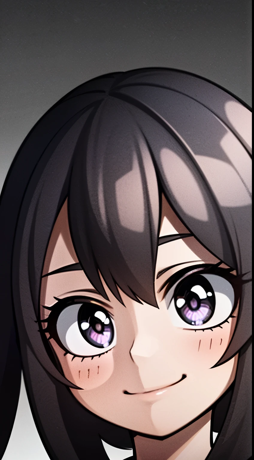 Masterpiece, 1person, (1girl:1.3), A young girl with white skin, long hair, black hair, detailed hair, wavy hair, purple eyes, detailed eyes, smiling, sweet face expression, detailed face, detailed skin, black background,