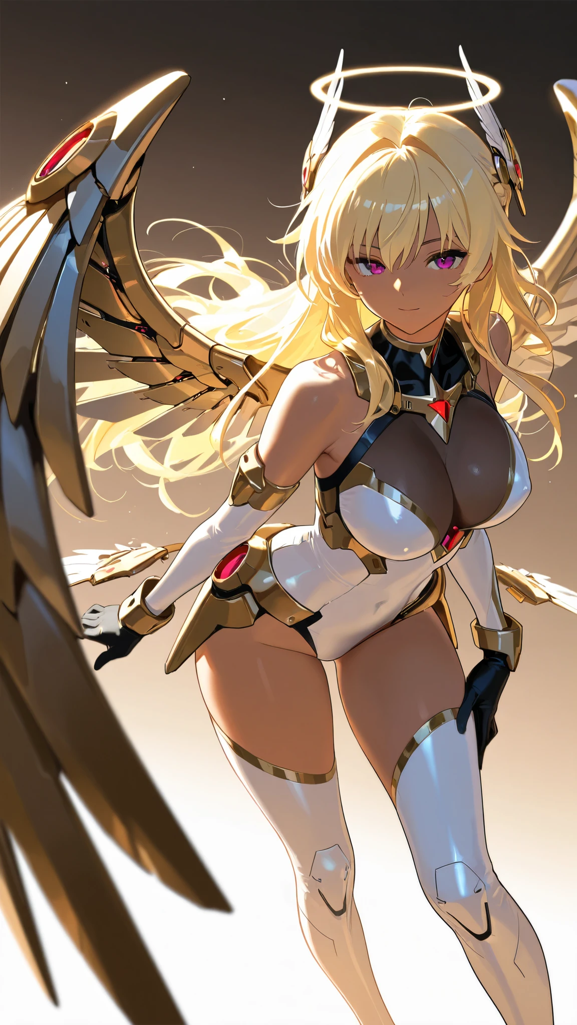 fantasy, 1angel_girl,, ,brown_hair, medium_bob_hair, long_bangs, halo,bare_shoulder,thighhighs,silver_armor, waist_armor, large_breasts,angry,grinning,open_mouth_teeth, 1pair_wings, dynamic_pose_fighting,floating, bare_crotch, headgear,gauntlet, greaves,city_sky_background,slightly_spread_legs, solo, groin_naked,dark_skin,