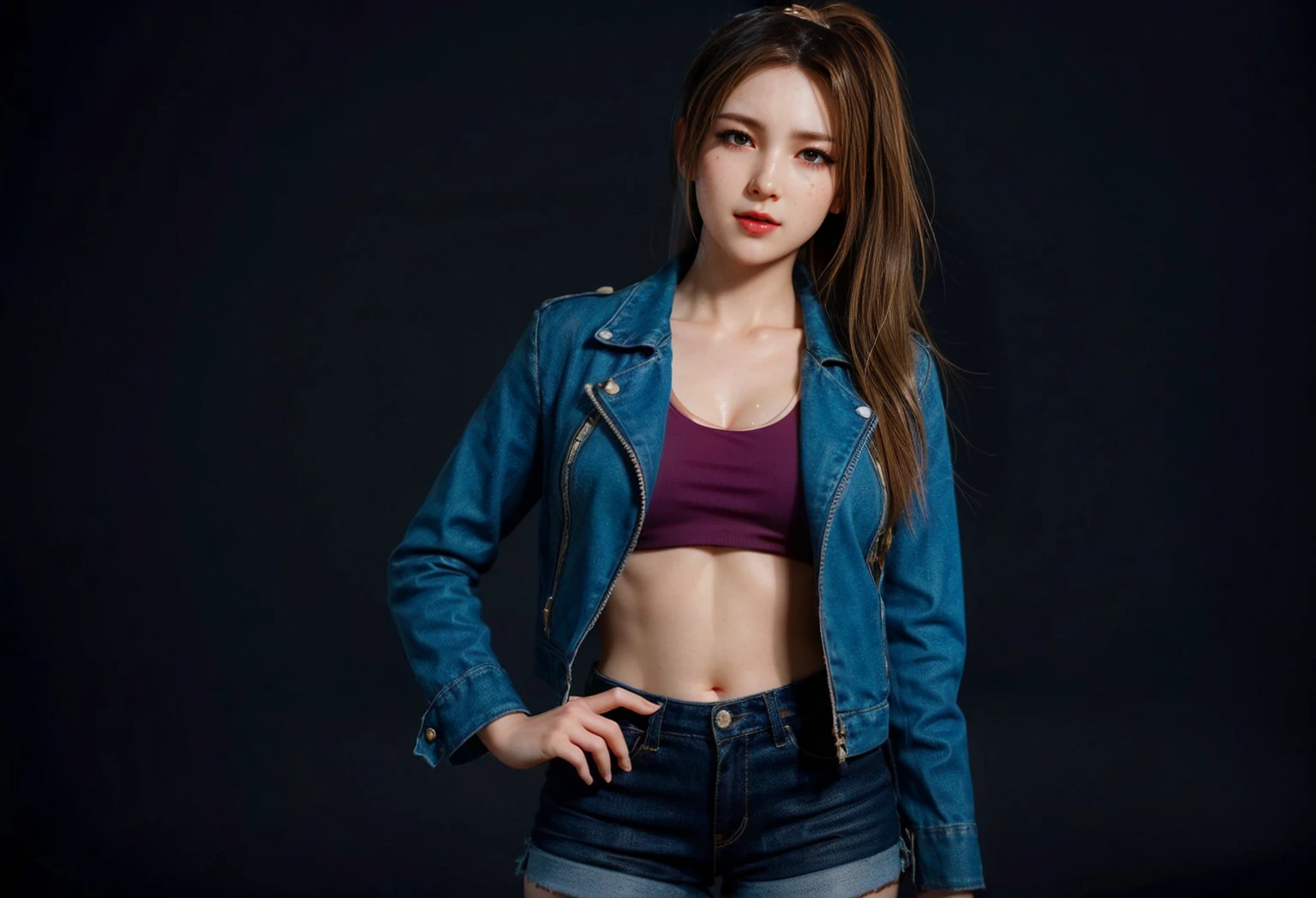 drunken beautiful woman 1girl as delirium from sandman, (hallucinating colorful soap bubbles),
abs,  fit, thin, wearing a black crop top jean jacket and jean shorts, punk rock, tank girl, high detailed, 8k