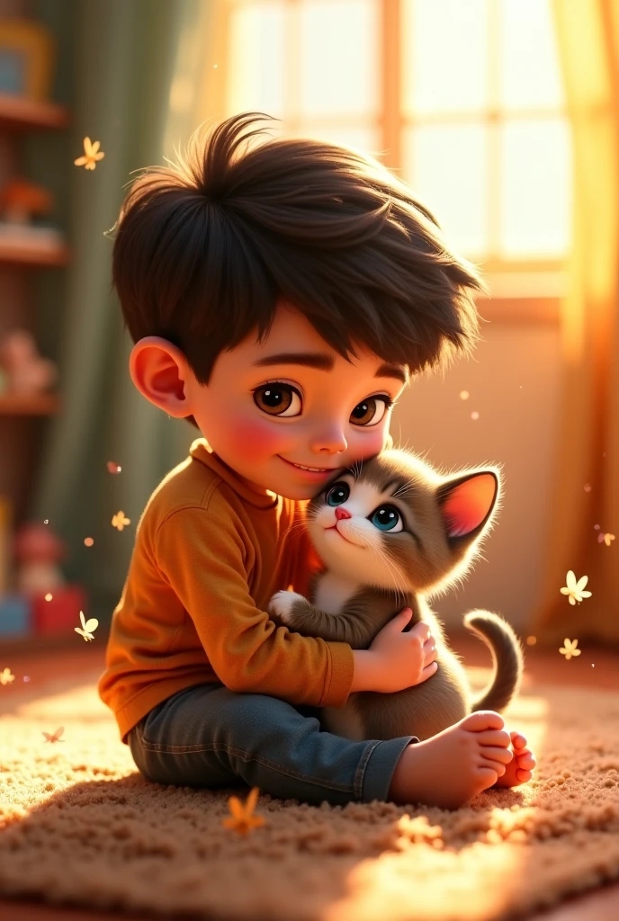 Black cute cat with cute boy