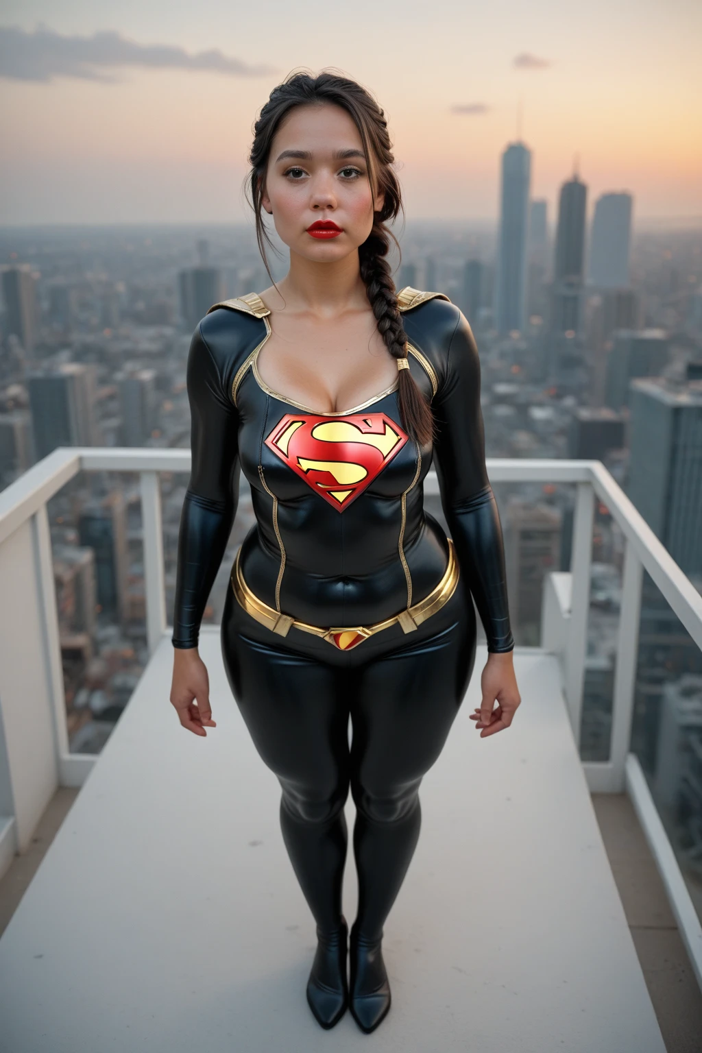 young workout busty sexualized slim white girl with short black curly hair. ShE is dressed as supergirl but in black pvc. Fitness muscular strong. Muscles. Big breasts. She is flying