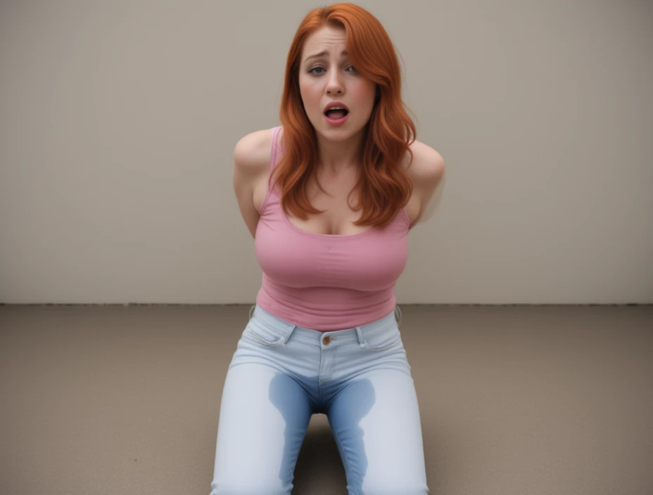 (pp clothes), fashion photo, sad expression, tears, ginger woman, bangs, emo, tight blue jeans, desperate to pee, wetting herself, embarrassed, office