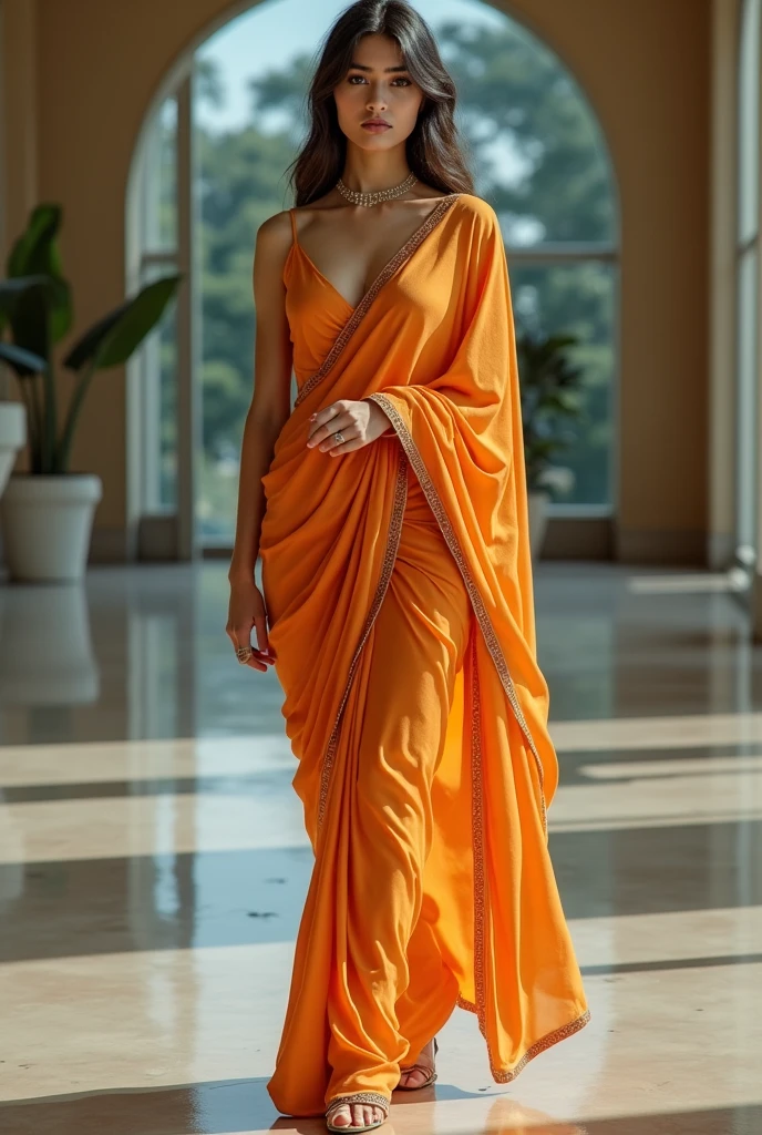Indian girl 33 years, bob cut hair, expensive silk yellow saree, full length body photograph, looking straight at the camera, big cute smile, sexy figure, dusky cute face, North Indian girl, similar looking to Kiara, full body length photo inducing her feet. 