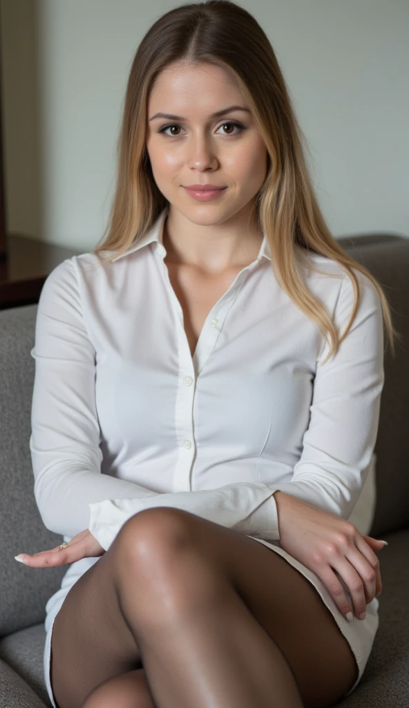 , realistic, <lora:quiron_AngelikaGrays_v1_lora:0.87> AngelikaGraysQuiron, dressed in business casual. Semi-formal, tailored, smart, professional