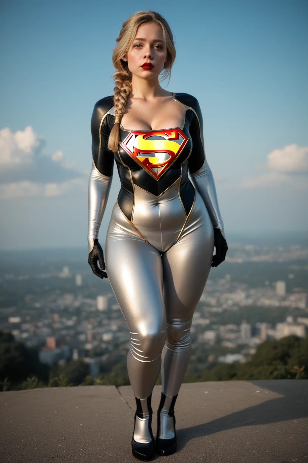 4k, realistic, charismatic, very detailed, there is a girl in the sky, dressed in a super girl costume, she is a super girl, superhero theme, blonde short hair, ponytail, 20 years, full body, (detail in the eyes), (detail in the face), incredibly beautiful, blue eyes, blush, makeup, red lipstick, miniskirt, (wide hips), (thick thighs), small breasts, dress,, seductive pose, (extreme hourglass figure), thin, svelte, white skirt, boots, tight t-shirt