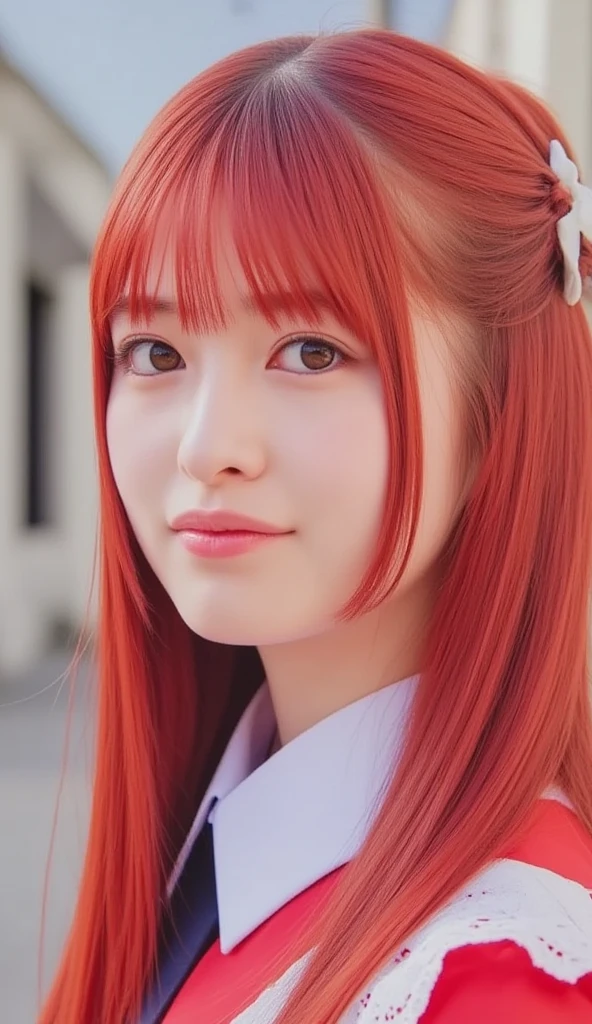 high school japanese girl with uniform and red flying hair. confident. smart. sharp
