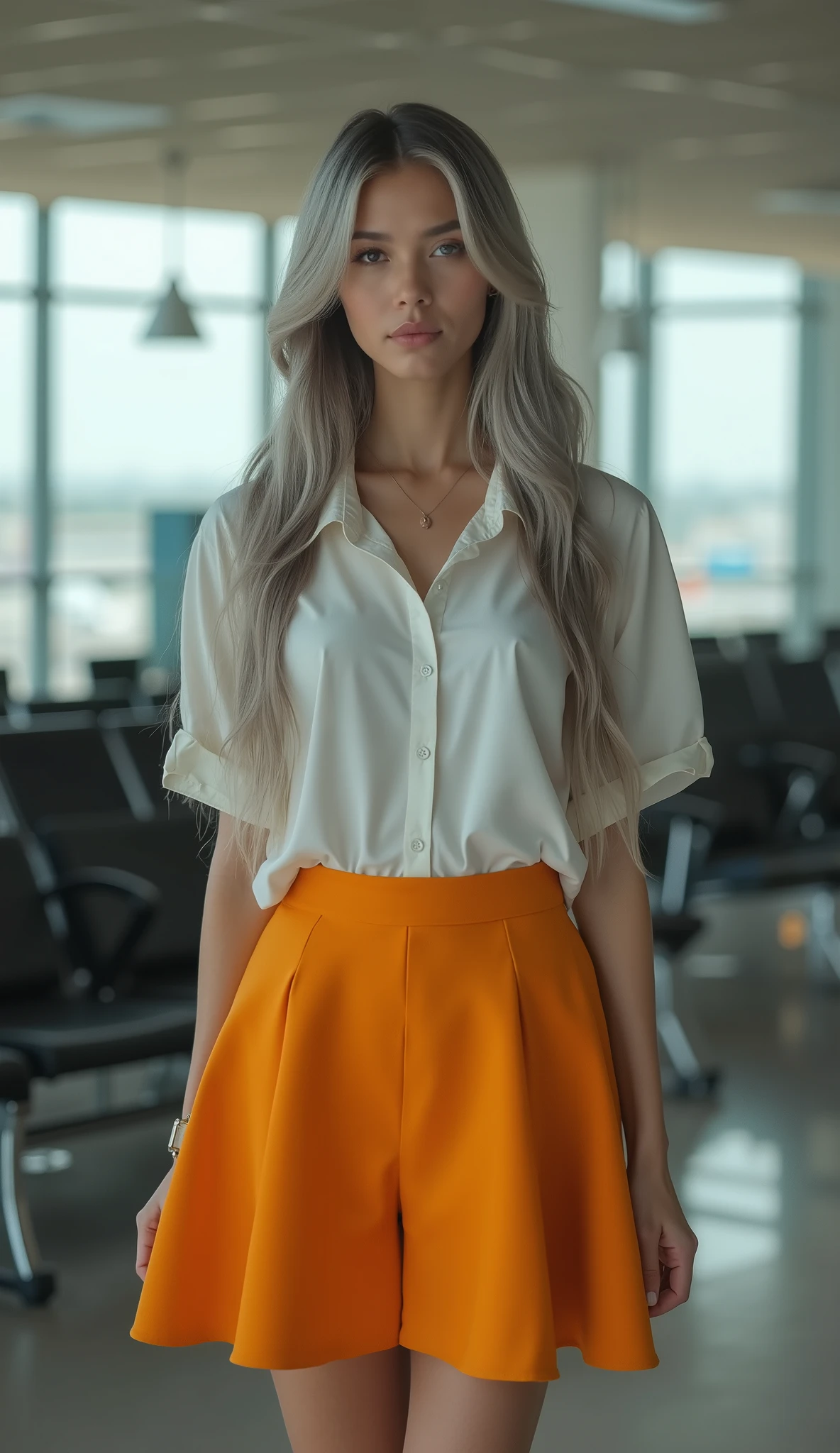 in high-definition images、unusually beautiful woman, (((thin body))), pleasant smile, shirt dress with a bright flared skirt , long grey hair, realistic profile views, Looking Directly at Camera, she is standing in the airport waiting room。