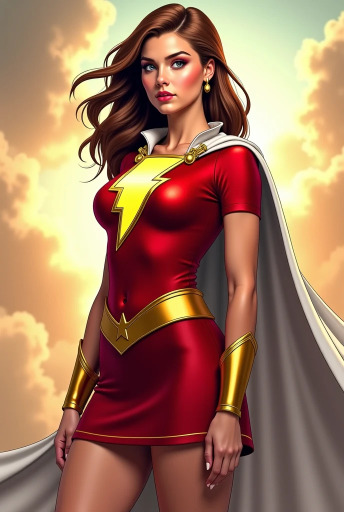 masterpiece, best quality, <lora:marymarvel-nvwls-v1-000010:0.9> mary marvel, white cape, red dress, red skirt, short sleeves, bracer, large breasts, flex, looking at viewer, furrowed brow, grin, blue sky, clouds