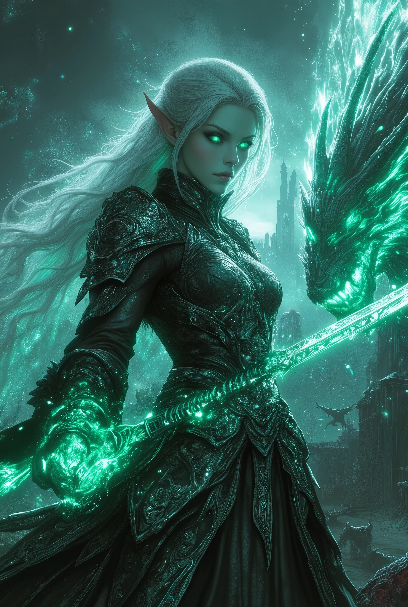 "A mesmerizing female elf hunter with ethereal silver hair and glowing green eyes, summoning magical energy to banish a monstrous demon. She wears an intricately designed battle robe with glowing runes, and her dual blades shimmer with celestial light. Her expression is calm yet deadly, exuding confidence and power. The background showcases a battlefield of fallen creatures, with an ominous castle in the distance, adding to the epic fantasy atmosphere."