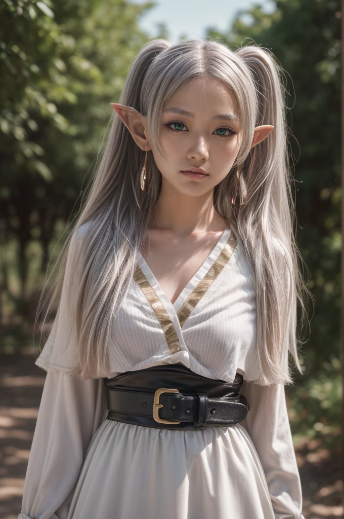 (masterpiece, best quality:1.4), ((1girl)), highres, solo, ((Frieren)), ((18 years old)), Cosplay, elf, pointy ears, white hair, ((very long twintails)), green eyes, white dress, put on black tights, (white cape), magic, fishnets, high detailed skin, dslr, soft lighting, high quality, highly detailed face, highly detailed skin, skin pores, subsurface scattering, realistic pupils, full face blush, detailed background, depth of field, volumetric lighting, sharp focus, absurdres, realistic proportions, good anatomy, ((cowboy shot)), ((looking at viewer)), ((light smile)), (realistic, hyperrealistic:1.4), 16k hdr, from above, (((Blue sky))), BREAK, ((dimly lit alley, ruins)), cityscape