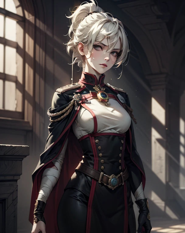 (masterpiece, best quality, 4k, detailed, intricate, realistic),dappled sunlight,1girl, gbfFreesia, cat ears, erune,hair over one eye, glasses, black jacket, black necktie, long sleeves, cleavage, white coat, coat on shoulders, belt, black skirt, fishnet thighhighs <lora:gbffreesia-nvwls-v1:0.9>