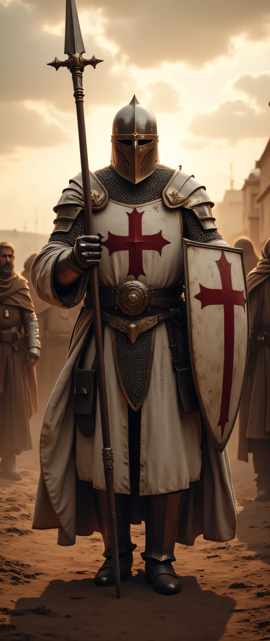 **Prompt:** Design an immersive hyper-realistic panoramic wide-angle image that invites viewers into the heart of medieval Christian Europe. Ultra-detailed christian villagers pilgrimage on the background. The composition should be symmetrically balanced, foregrounded by a resolute Templar knight, showcasing authentic, gleaming armor. His intricate chainmail and distinctive white robes, marked with bold red cross symbols, shimmer in the soft twilight. This knight stands tall, firmly gripping a spear in one hand while utilizing the other to safeguard a red cross shield, all the while guiding an assembly of Christian pilgrims peasants on their sacred journey to Jerusalem. Capture the fine details of the knight’s armor, highlighting the textures and patterns that reflect the rich history of the era. Employ advanced UHD ambiance to craft an atmospheric interplay of light and shadow, enhancing the depth and narrative urgency of the scene. Ensure the expressive gestures of the knight's hands—the fingers that clutch their weapons—are rendered with anatomical precision, offering a compelling likeness to real-life anatomy. The final artwork should resonate with the prestige of award-winning documentary photography, embodying the artistic standards seen in National Geographic, ArtStation, and DeviantArt. Rich in historical authenticity, this evocative scene should embody the timeless spirit of the medieval world, steering clear of any negative themes while celebrating bravery, camaraderie, and the spiritual quest of the pilgrims. DEUS VULT!
