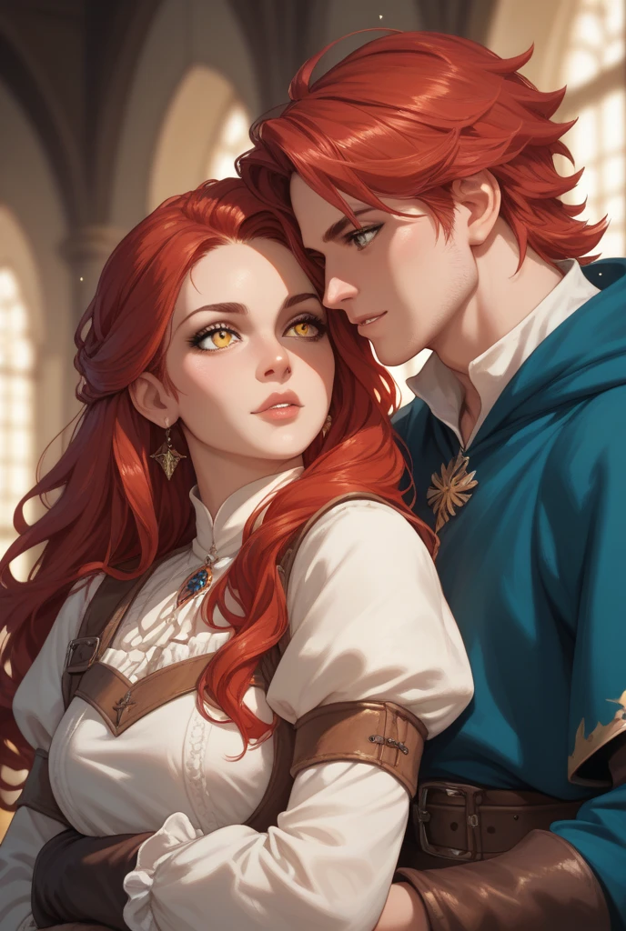The feast of the Orthodox Easter. A couple, 1 blond-man (tall, statuesque, handsome, courageous red-haired young man, he has long curly copper-red hair, green eyes, in his hand he holds a basket with cakes and colored eggs) hugs 1 brunette woman (an incredibly beautiful young brunette femme fatale, she has short thick black hair, blue eyes, her head is covered with a scarf). They are in love with each other. Masterpiece, detailed study of the face, beautiful face, beautiful facial features, perfect image, realistic shots, detailed study of faces, full-length image, 8k, detailed image. an extremely detailed illustration, a real masterpiece of the highest quality, with careful drawing.