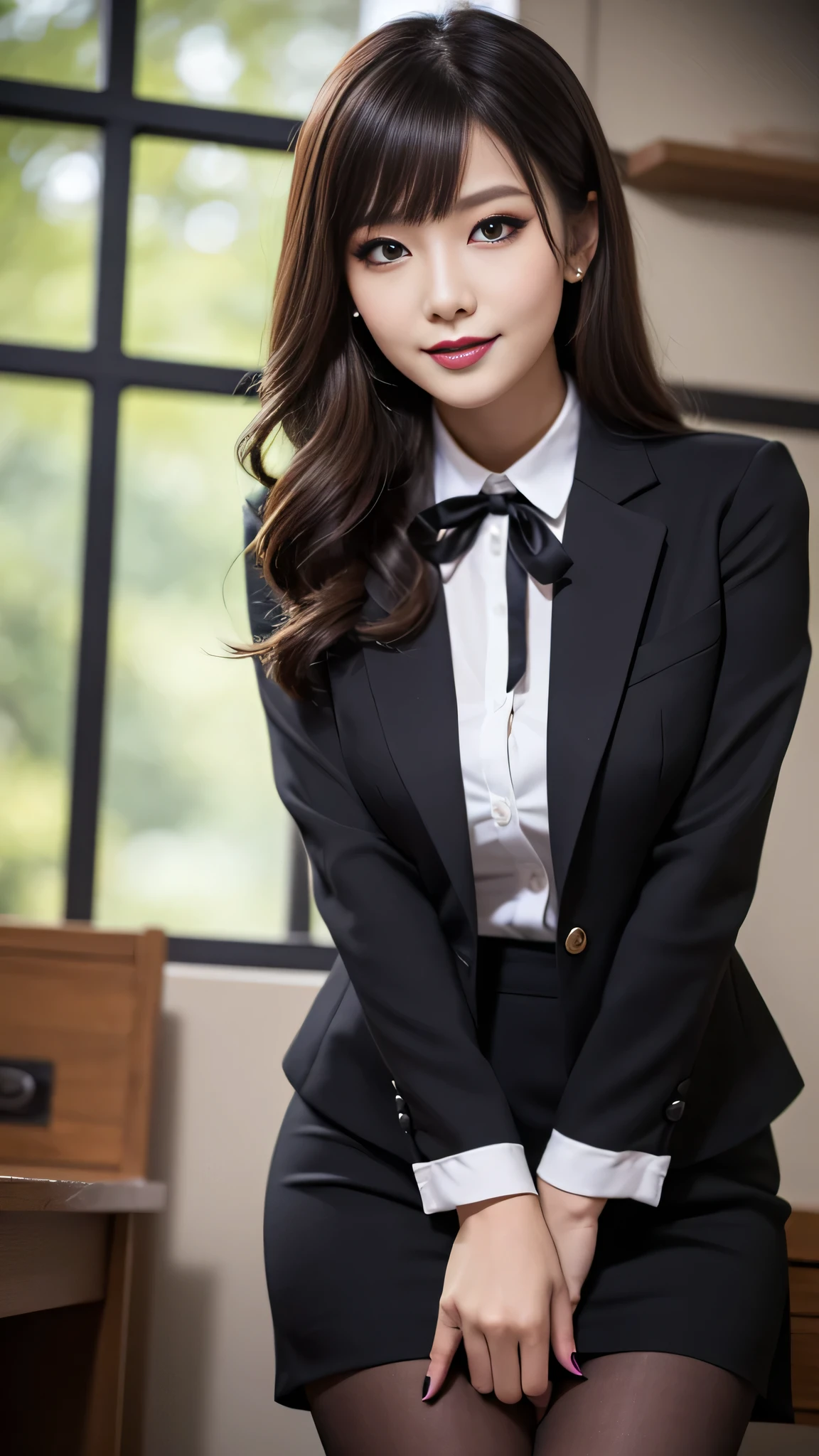 best quality、ultra-detailed、4k、Japanese、Seductive beauty、seductive adult woman、Pretty Woman、cool girl、Villainess、Brainwashed、brainwash、Fallen into evil、smirk、Evil look、Wicked Smile、evil、Brown hair、wavy hair、swept bangs、dark makeup、dark makeup、piercing eyes、hollow eyes,half-closed eyes、Hollow Eyes、purple Eyeshadow、black lipstick、black lipglos、office staff suit、suit、Jacket、White Shirt、Black Ribbon、Tight Skirt、pantyhose、night、inside darkroom、Are standing、Have lipstick、Emblem of Evil、Crest of Darkness、Swear allegiance、I have pledged my allegiance、Dye black、Blackening、Stained with evil、Dyed in darkness、Seduce