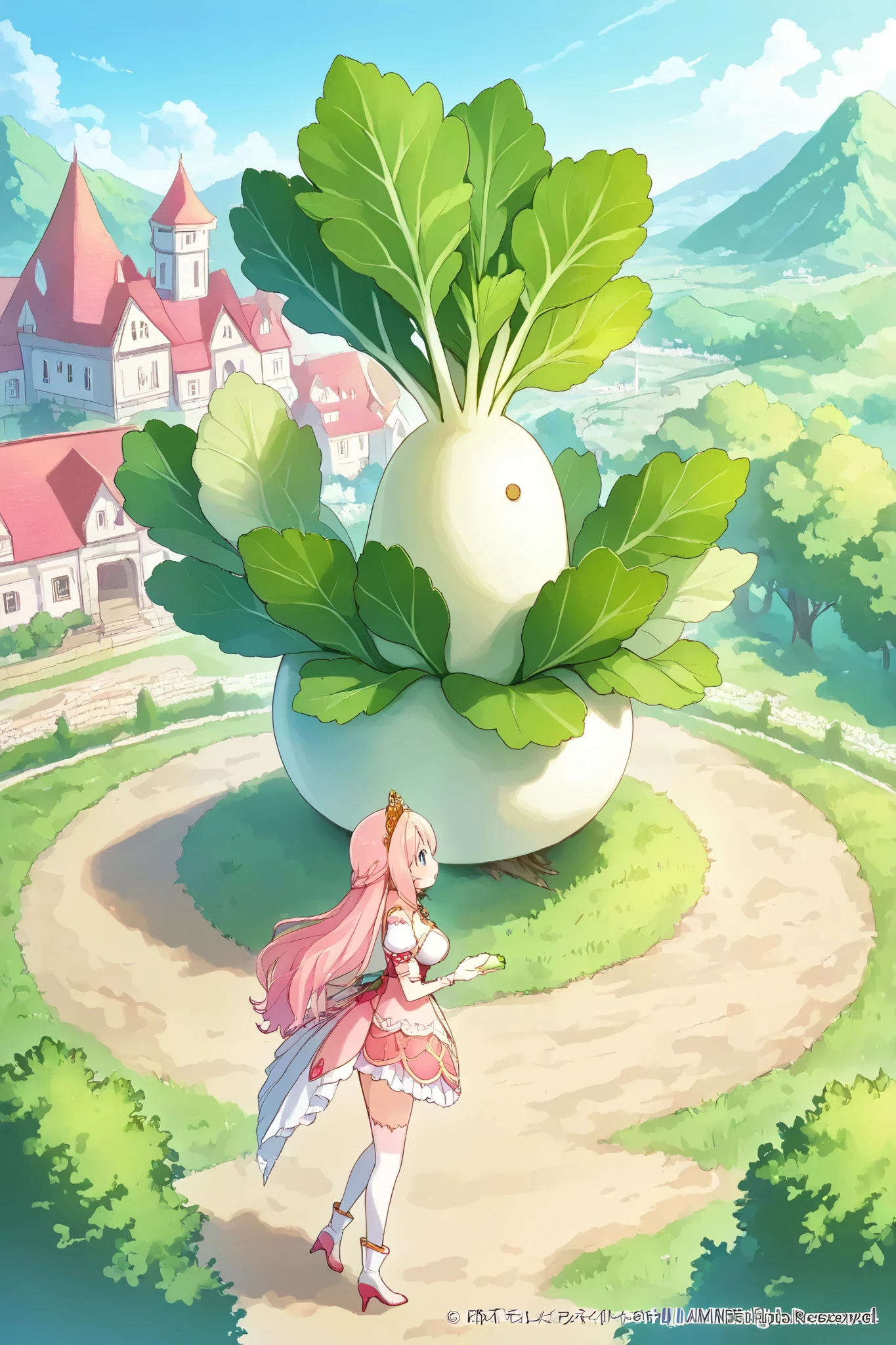 masterpiece、highest quality、I am a Princes daikon\(sakura pink dress,tiara with green leaves\),many little daikon\(litle Japanese white radish charactder with green leaves\),focus on the princes daikoncute kawaii village, castle made of Japanese rice,