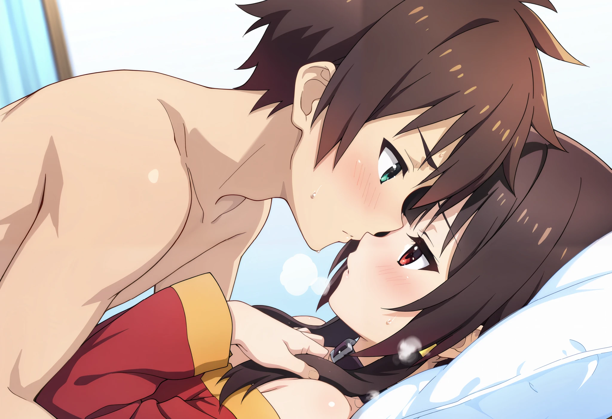 score_9, score_8_up, score_7_up, masterpiece, highest_quality, ultra_detailed, nsfw, absurdres, official_style, intricate_details, sharp_line, From the side:1.5, upper_body, BREAK 1boy, 1girl, couple, boy is (kazuma satou, short hair, brown hair, green eyes, male focus):1.5, girl is (megumin, short hair, black hair, red eyes, side locks, long locks), BREAK full_of_details, detailed_face, anatomically_correct, five_fingers, perfect_hands, perfect_fingers, dramatic_angle, dynamic_angle, dynamic_perspective, simple_color_background, (covering_privates, censored):1.5, motion_line, motion_blur, blush, sweat, heavy breath, half_closed_eyes, lying doggy style sex:1.5, bedroom