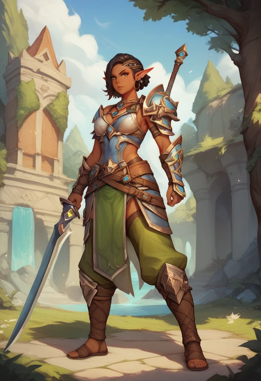 styalized, Elders scrolls Video Game Series, Redguard woman, african american woman, tight body, placed in elder scrolls world, elemental magic with redguard type weapons and armor, dark hair color, bow and arrow, ranger type, strider. full body render. diffrent poses, emersive