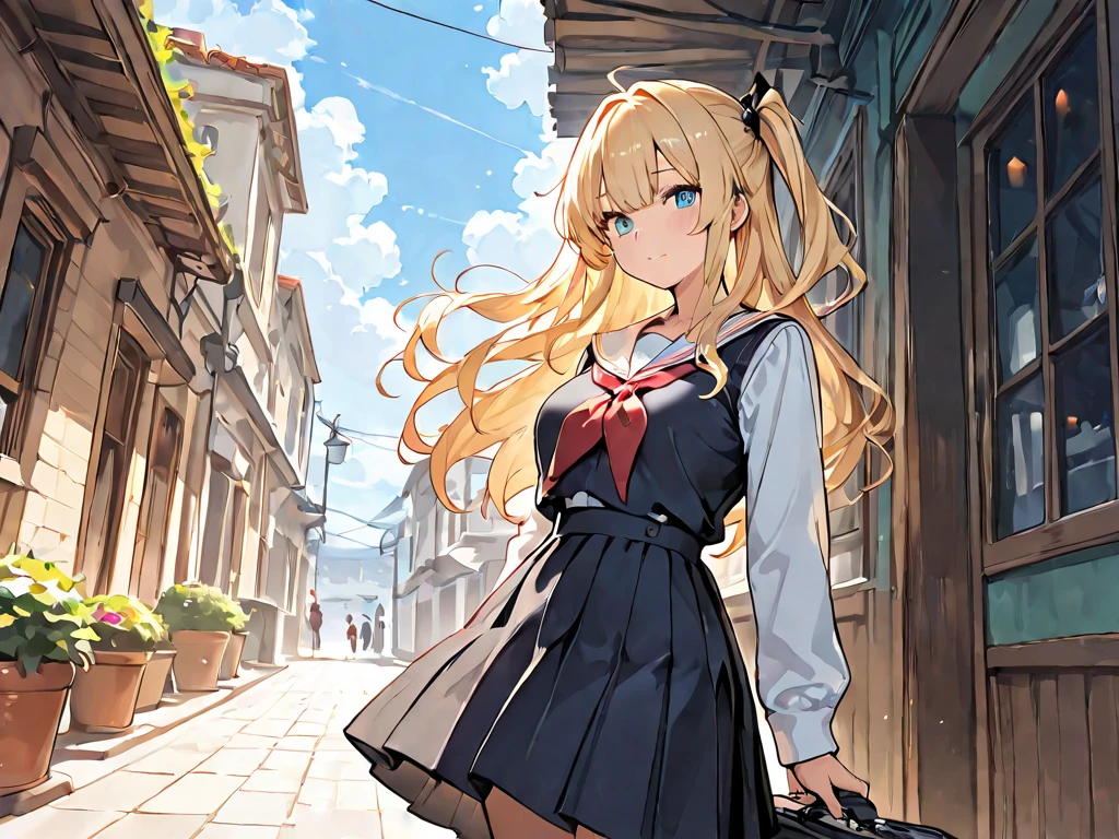 safe for work, 1girl, solo, solo focus, A hentai manga character, Nanako Von Meinsfelt, by Fan no hitori, uploaded to Nhentai.net, blonde hair giant curly twintail, ojou-sama, black school uniform, red cravat with a white cross on it, black pantyhose, brown mary jane shoes, a pleated skirt, with stunning blue eyes, large breasts, thick thighs, masterpiece, best quality, full-body portrait, background messy alleyway, Holding giant pernach mace
