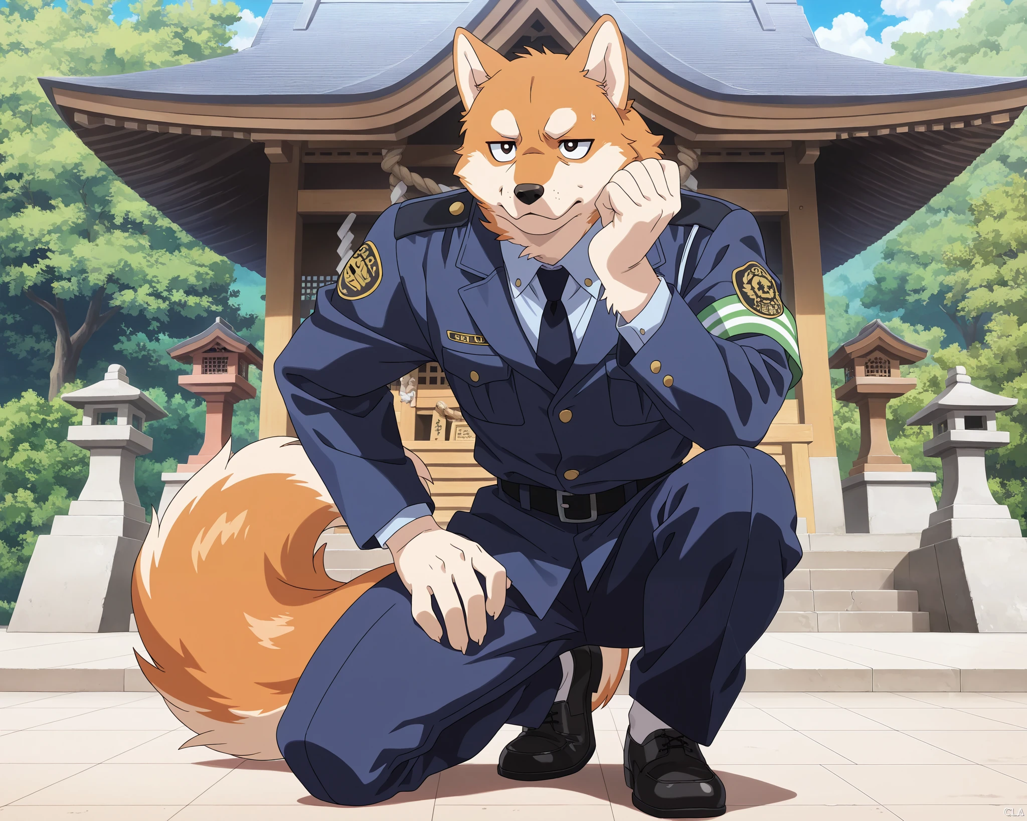 2025 Furry Animal, ((masterpiece)), ((best quality)), ((ultra-detailed)), score_9_up, score_8_up, score_7_up, HD, top quality, best quality, High-quality illustrations, anime screencap, shrine、first visit of the year to a shrine, 1boy, A short brown Shiba-Inu dog man, wearing a Japanese police uniform for men, 1990s (style), full body, calm expression,