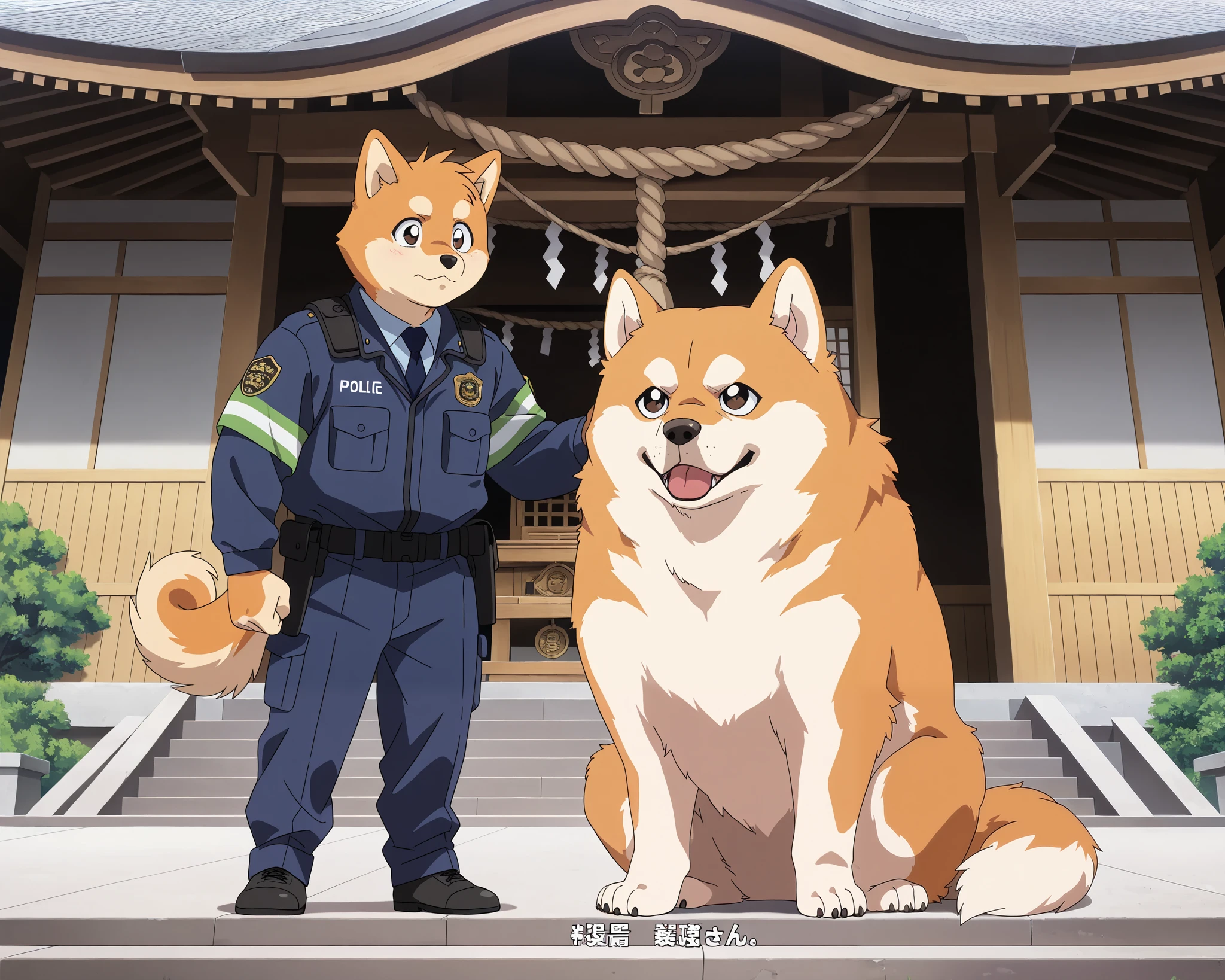 2025 Furry Animal, ((masterpiece)), ((best quality)), ((ultra-detailed)), score_9_up, score_8_up, score_7_up, HD, top quality, best quality, High-quality illustrations, anime screencap, shrine、first visit of the year to a shrine, 1boy, A short brown Shiba-Inu dog man, wearing a Japanese police uniform for men, 1990s (style), full body, calm expression,