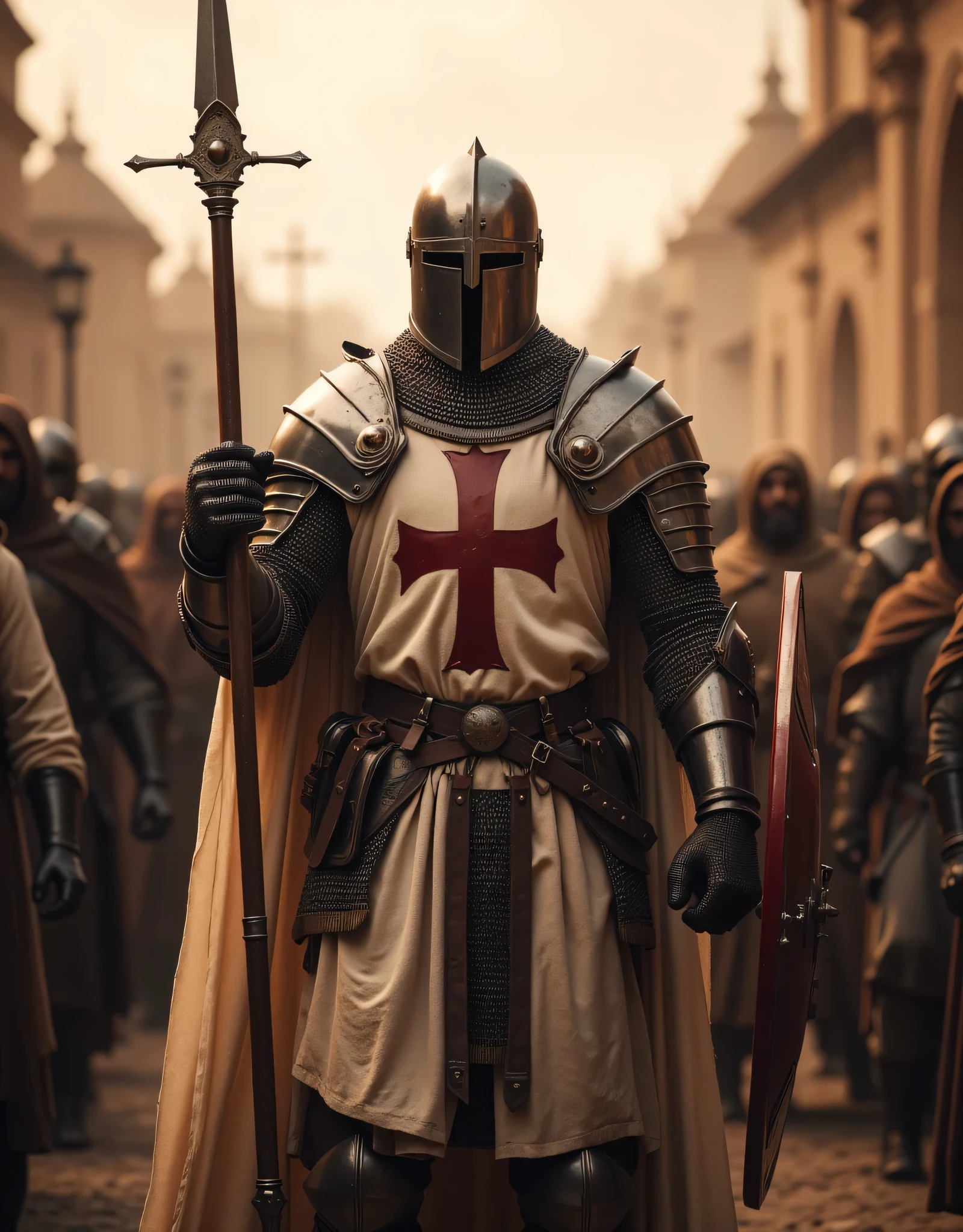 **Prompt:** Design an immersive hyper-realistic panoramic ultra wide-angle and zoomed out image that invites viewers into the heart of medieval Christian Europe. Ultra-detailed christian villagers pilgrimage crowd on the background. The composition should be symmetrically balanced, foregrounded by a resolute full body Templar knight, showcasing authentic, gleaming armor. His intricate chainmail and distinctive white robes, marked with bold red cross symbols, shimmer in the soft twilight. This knight stands tall, firmly gripping a spear in one hand while utilizing the other to safeguard a red cross shield, all the while guiding an assembly of Christian pilgrims peasants parade on their sacred journey to Jerusalem. Capture the fine details of the knight’s armor, highlighting the textures and patterns that reflect the rich history of the era. Employ advanced UHD ambiance to craft an atmospheric interplay of light and shadow, enhancing the depth and narrative urgency of the scene. Ensure the expressive gestures of the knight's hands—the fingers that clutch their weapons—are rendered with anatomical precision, offering a compelling likeness to real-life anatomy. The final artwork should resonate with the prestige of award-winning documentary photography, embodying the artistic standards seen in National Geographic, ArtStation, and DeviantArt. Rich in historical authenticity, this evocative scene should embody the timeless spirit of the medieval world, steering clear of any negative themes while celebrating bravery, camaraderie, and the spiritual quest of the pilgrims. DEUS VULT!