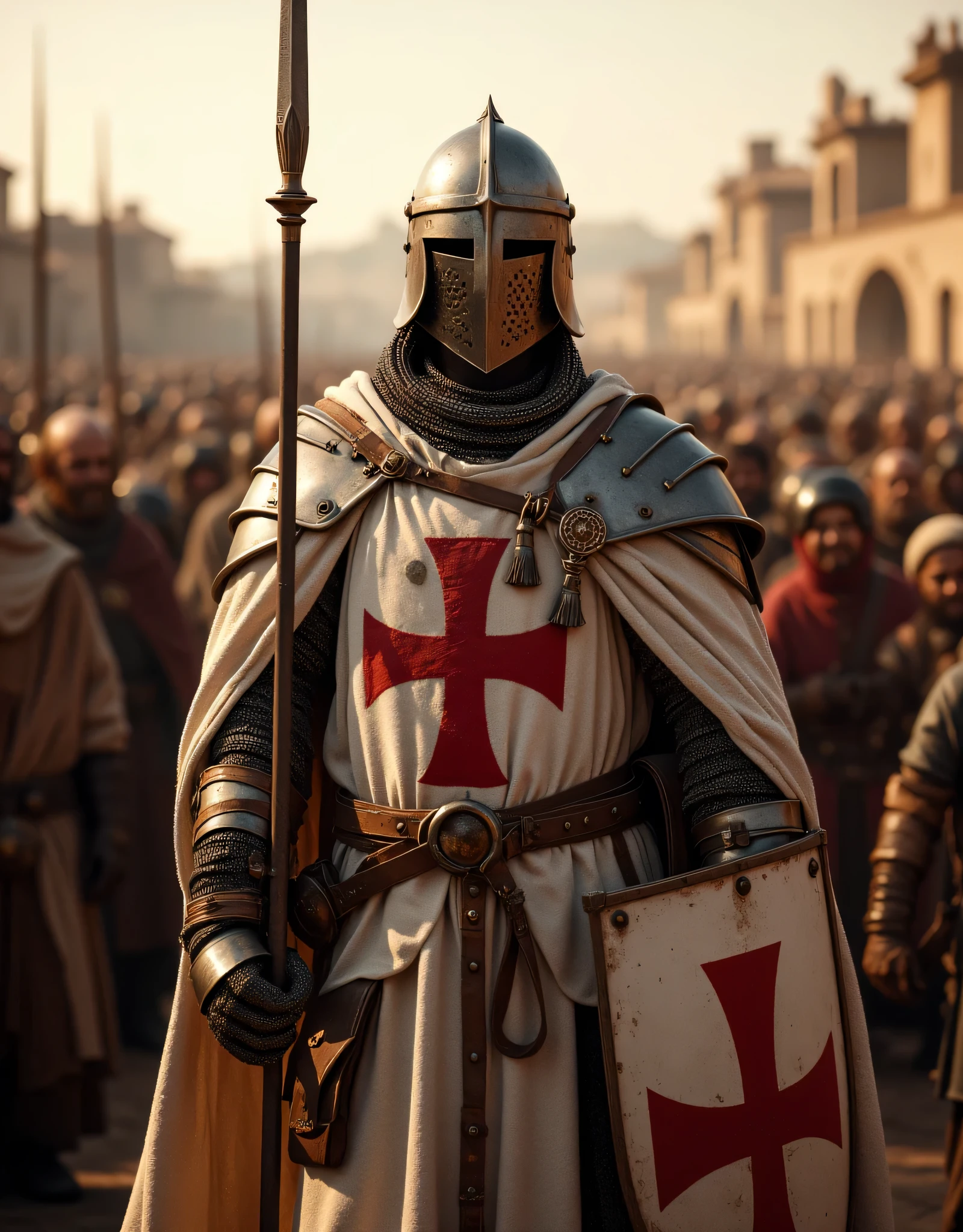 **Prompt:** Design an immersive hyper-realistic panoramic ultra wide-angle and zoomed out image that invites viewers into the heart of medieval Christian Europe. Ultra-detailed christian villagers pilgrimage crowd on the background. The composition should be symmetrically balanced, foregrounded by a resolute full body Templar knight, showcasing authentic, gleaming armor. His intricate chainmail and distinctive white robes, marked with bold red cross symbols, shimmer in the soft twilight. This knight stands tall, firmly gripping a spear in one hand while utilizing the other to safeguard a red cross shield, all the while guiding an assembly of Christian pilgrims peasants parade on their sacred journey to Jerusalem. Capture the fine details of the knight’s armor, highlighting the textures and patterns that reflect the rich history of the era. Employ advanced UHD ambiance to craft an atmospheric interplay of light and shadow, enhancing the depth and narrative urgency of the scene. Ensure the expressive gestures of the knight's hands—the fingers that clutch their weapons—are rendered with anatomical precision, offering a compelling likeness to real-life anatomy. The final artwork should resonate with the prestige of award-winning documentary photography, embodying the artistic standards seen in National Geographic, ArtStation, and DeviantArt. Rich in historical authenticity, this evocative scene should embody the timeless spirit of the medieval world, steering clear of any negative themes while celebrating bravery, camaraderie, and the spiritual quest of the pilgrims. DEUS VULT!