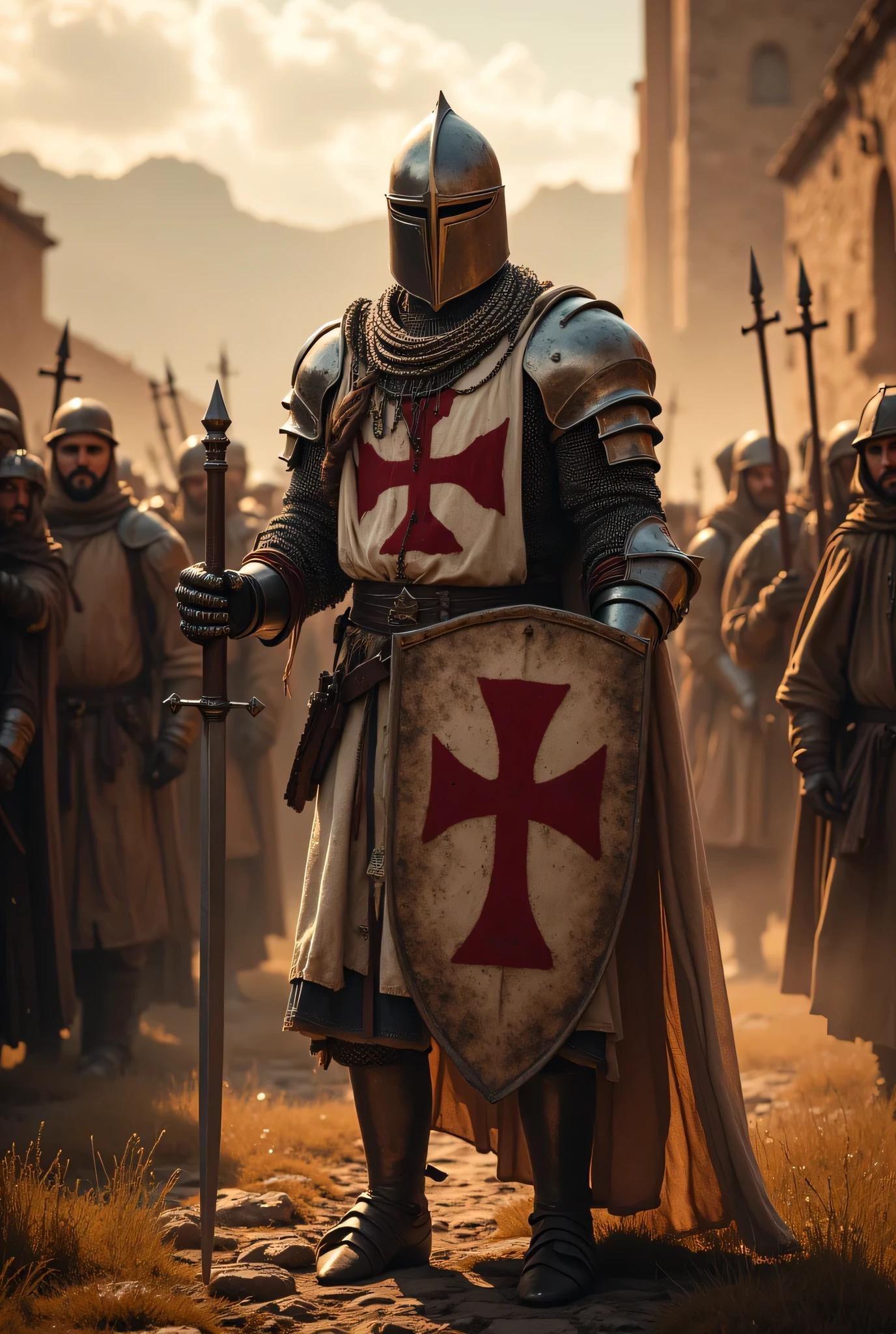 **Prompt:** Design an immersive hyper-realistic panoramic ultra wide-angle and zoomed out image that invites viewers into the heart of medieval Christian Europe. Ultra-detailed christian villagers pilgrimage crowd on the background. The composition should be symmetrically balanced, foregrounded by a resolute  full body Templar knight, showcasing authentic, gleaming armor. His intricate chainmail and distinctive white robes, marked with bold red cross symbols, shimmer in the soft twilight. This knight stands tall, firmly gripping a spear in one hand while utilizing the other to safeguard a red cross shield, all the while guiding an assembly of Christian pilgrims peasants parade on their sacred journey to Jerusalem. Capture the fine details of the knight’s armor, highlighting the textures and patterns that reflect the rich history of the era. Employ advanced UHD ambiance to craft an atmospheric interplay of light and shadow, enhancing the depth and narrative urgency of the scene. Ensure the expressive gestures of the knight's hands—the fingers that clutch their weapons—are rendered with anatomical precision, offering a compelling likeness to real-life anatomy. The final artwork should resonate with the prestige of award-winning documentary photography, embodying the artistic standards seen in National Geographic, ArtStation, and DeviantArt. Rich in historical authenticity, this evocative scene should embody the timeless spirit of the medieval world, steering clear of any negative themes while celebrating bravery, camaraderie, and the spiritual quest of the pilgrims. DEUS VULT!