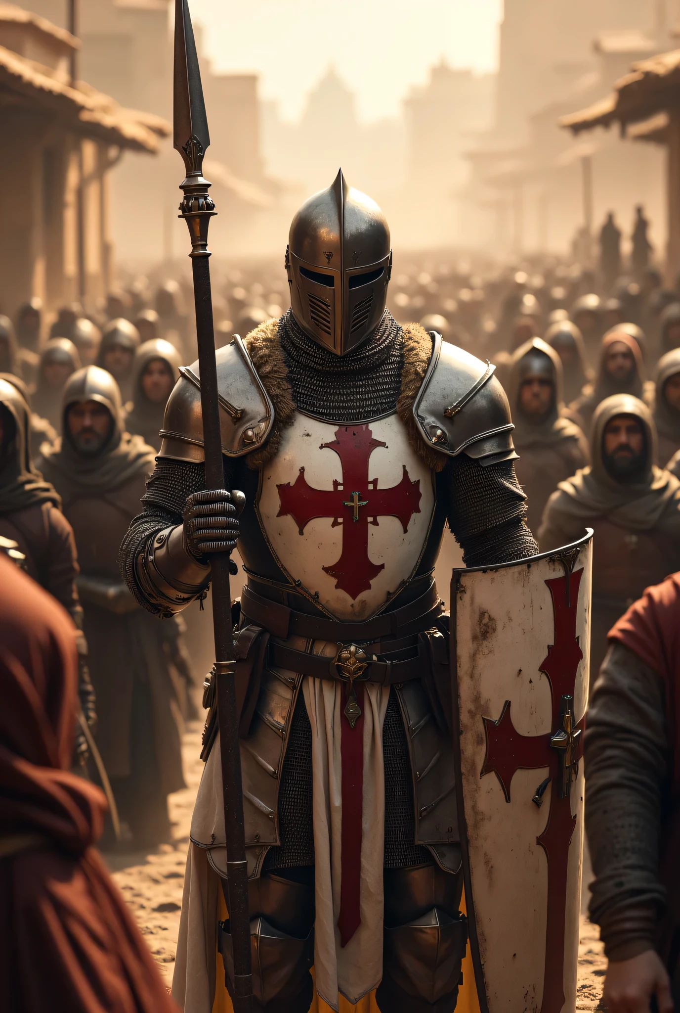 **Prompt:** Design an immersive hyper-realistic panoramic ultra wide-angle and zoomed out image that invites viewers into the heart of medieval Christian Europe. Ultra-detailed christian villagers pilgrimage crowd on the background. The composition should be symmetrically balanced, foregrounded by a resolute full body Templar knight, showcasing authentic, gleaming armor. His intricate chainmail and distinctive white robes, marked with bold red cross symbols, shimmer in the soft twilight. This knight stands tall, firmly gripping a spear in one hand while utilizing the other to safeguard a red cross shield, all the while guiding an assembly of Christian pilgrims peasants parade on their sacred journey to Jerusalem. Capture the fine details of the knight’s armor, highlighting the textures and patterns that reflect the rich history of the era. Employ advanced UHD ambiance to craft an atmospheric interplay of light and shadow, enhancing the depth and narrative urgency of the scene. Ensure the expressive gestures of the knight's hands—the fingers that clutch their weapons—are rendered with anatomical precision, offering a compelling likeness to real-life anatomy. The final artwork should resonate with the prestige of award-winning documentary photography, embodying the artistic standards seen in National Geographic, ArtStation, and DeviantArt. Rich in historical authenticity, this evocative scene should embody the timeless spirit of the medieval world, steering clear of any negative themes while celebrating bravery, camaraderie, and the spiritual quest of the pilgrims. DEUS VULT!