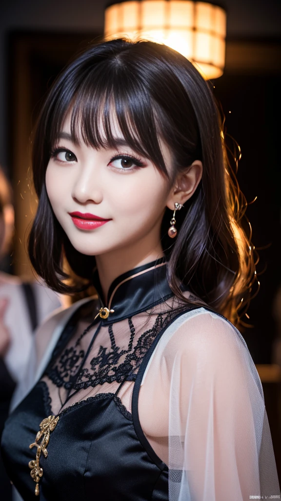 Super detailed、Japanese、charming beauty、seductive adult woman、Beautiful woman、sharp eyes、cool girl、wavy hair、flowing bangs、long black cheongsam、wide sleeve、evilの幹部、evil depravity、brainwashing、Mind control、apply lipstick、grin、evilな表情、evil、empty eyes、evil、stage、vampire、vampire、Hypnosia makeup brush