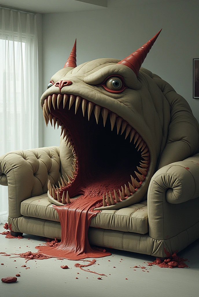 A sinister creature hidden within an old sofa, resembling giant, sharp teeth emerging from the cushions. The creature blends seamlessly with the fabric, making it appear as part of the furniture. The scene is set in a dimly lit, cozy living room, where the creature's presence is hinted at by subtle bulges and shadows.