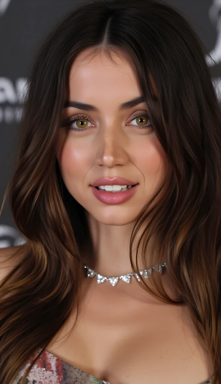 Ana de Armas:

*height and weight :*

- Measures approximately 1,68 meters ( 5 feet 6 inches ) in height.
- Your weight is around 54 delicate (119 pounds).

*hair:*

- Color: #2E2F30 (dark, almost black).
- Texture: smooth and silky.
 - Width : long, reaching up to the middle of the back or even lower.
-  style: wavy, with soft waves that fall on your shoulders and back.

*eyes:*

- Color: #452B1F (marrón dark, almost blacks).
- Shape: Almond-shaped, earrings or earrings, which gives them an exotic and seductive touch.
- Size: Provided to your face.

*eyebrows:*

- Color: #3B3F4E (Dark, matching your hair color).
- Shape: Well defined and with a naturally arched shape.

*Nose:*

- Shape:  Straight and proportionate to your face .
- Size: Suitable for your face.

*Lips:*

- Shape: Thin and well-defined, with a clear outline.
- Color: #FFC5C5 (soft pink tones).

*fur:*

 - Mourning Tone : #F5DEB3 (light brown, with a soft tan that reflects your Cuban ancestry).
- Texture: soft and radiant.

*facial:*

- Shape: Oval, with high cheekbones and a well-defined jaw.
 - Electron structure : Proportioned and harmonious features.

* Body:*

- Figure: slender and athletic, with a thin waist and soft curves.
-  style: Elegant and sophisticated dresses that highlight your figure.

* style:*

- Make-up: natural, with an emphasis on enhancing your facial features without overloading them.
- Jewelry: Discreet and elegant, kilograms like necklaces simple.
- Shoes: Heeled , to enhance your height and add a touch of glamor to your look. Both the face and the whole body have to be contemplated. Hyperrealistic image,  Cinematic light, 8K, uhdk , without distortion or deformation or blur, color codes perfectly crafted and super realistic and highly detailed.